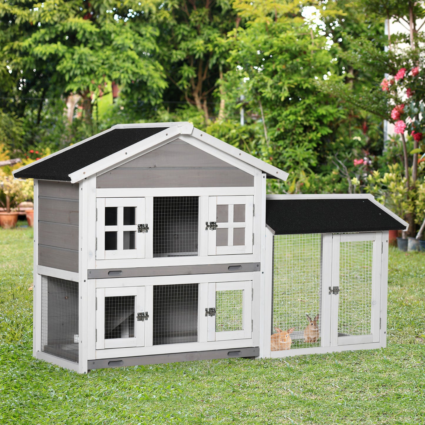 PawHut 59" Wooden Rabbit Hutch 2 Tier Bunny House Pet Playpen Enclosure for Indoor Outdoor with Slide-out Tray, Grey | Aosom Canada