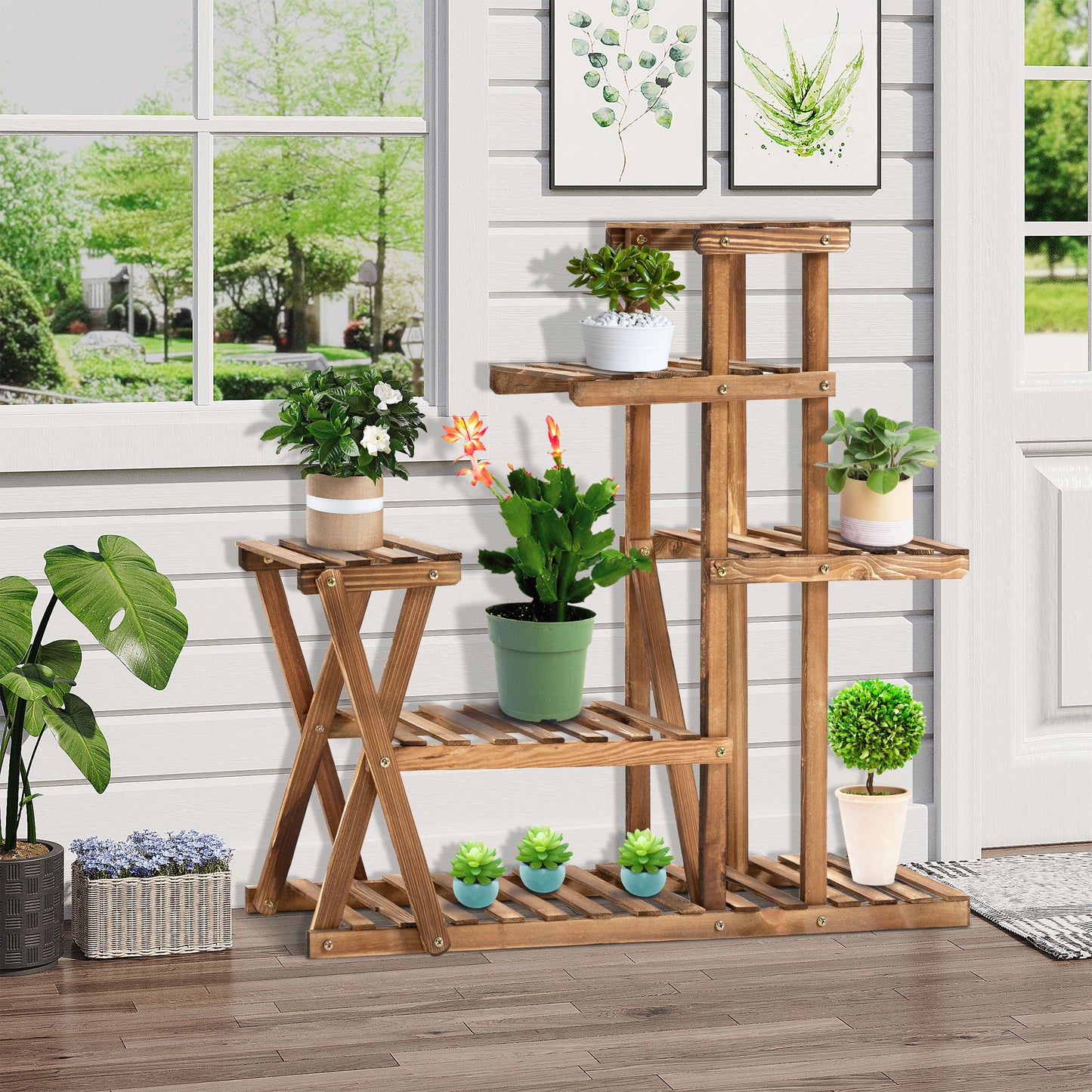 Outsunny Wood Plant Stand 5 Tier Plant Shelf Multiple Flower Pot Holder for for Living Room, Patio Corner, Balcony, Natural | Aosom Canada