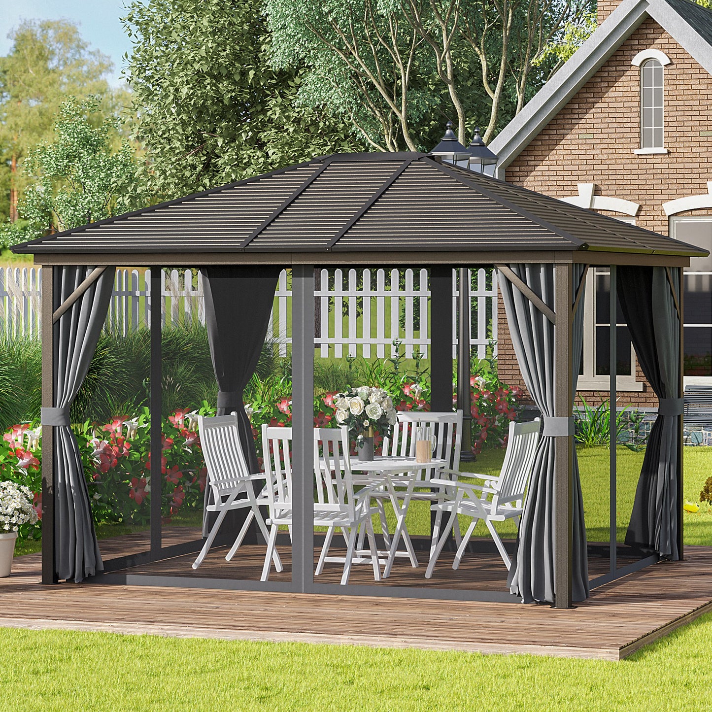 Outsunny 12x10ft Deluxe Steel Hardtop Patio Gazebo Garden Sun Shelter Aluminum Frame Heavy Duty Outdoor Pavilion with Curtains and Netting, Grey | Aosom Canada