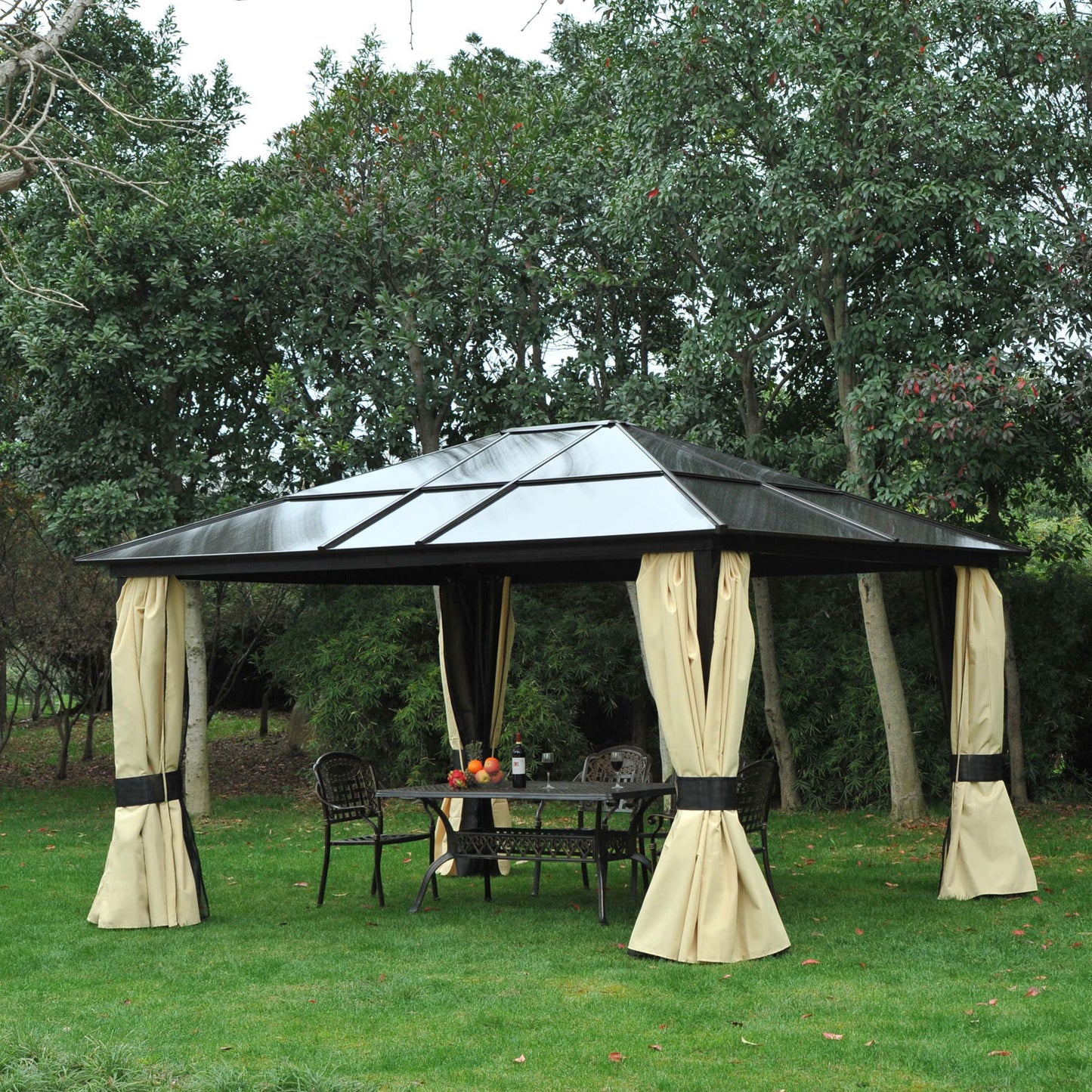Outsunny 14' x 12' Deluxe Hard Top Patio Gazebo Canopy Garden Aluminum Shelter with Sunshine Board, Curtains and Mosquito Netting | Aosom Canada