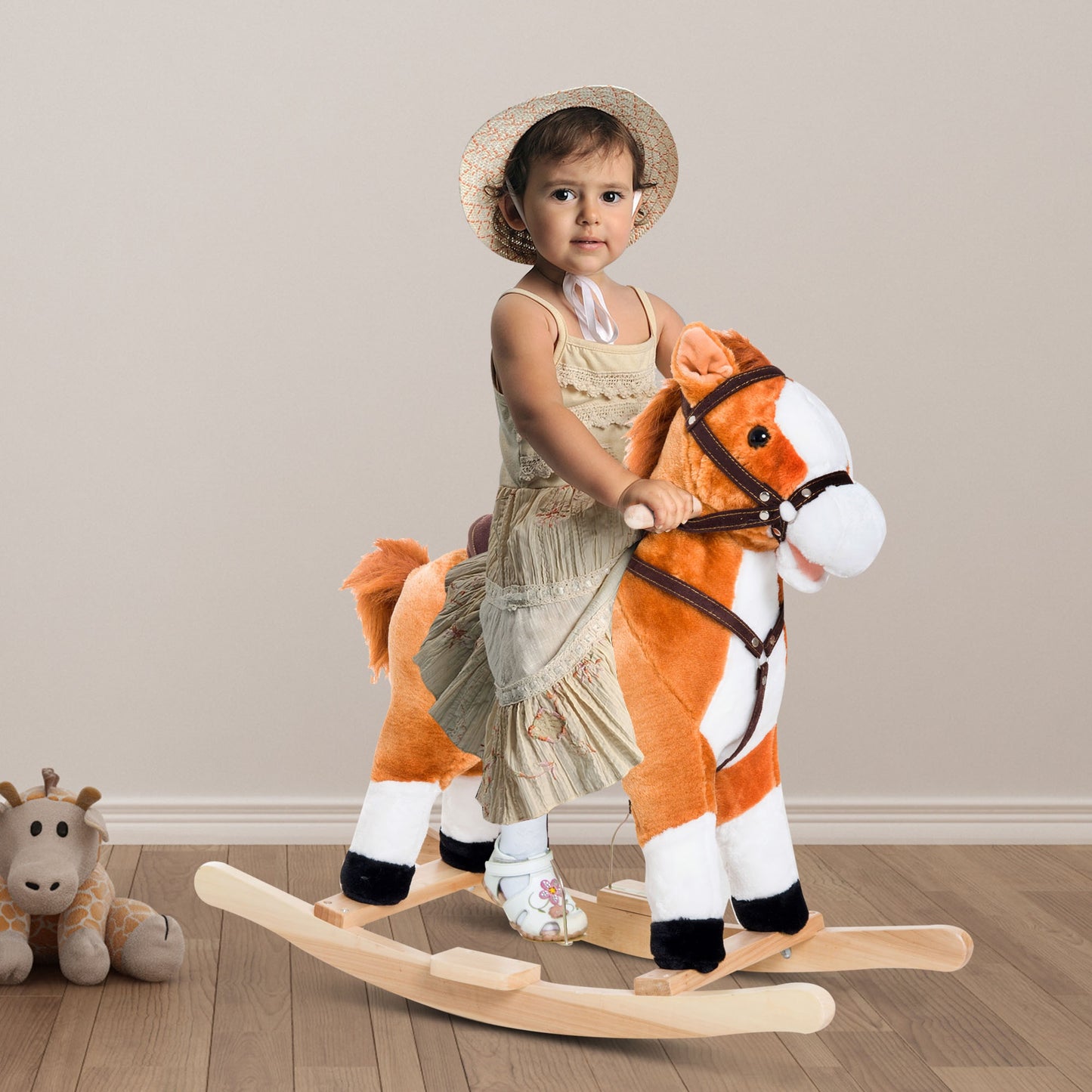 Qaba Kids Rocking Horse Poney Child Plush Ride on Toy w/ Realistic Sound Red Brown | Aosom Canada