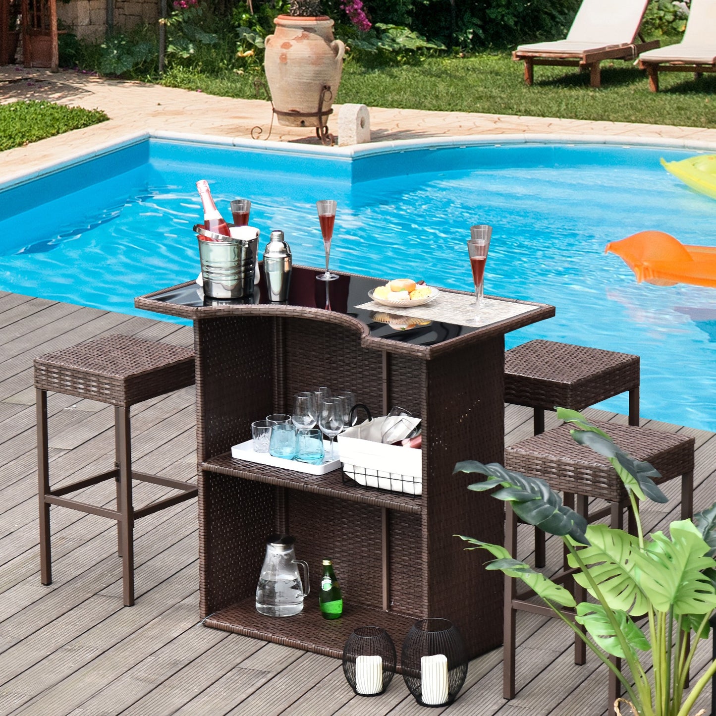 Outsunny 5pcs Rattan Bar Set Garden Wicker Barstool and Table Outdoor Patio Furniture Dark Brown | Aosom Canada