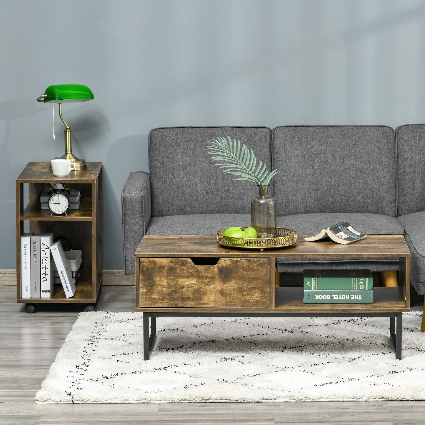 HOMCOM Industrial Coffee table Wooden End Table with Stortage Shelf and Drawer, Rustic Brown 41.75"W x 19"D x 17"H | Aosom Canada