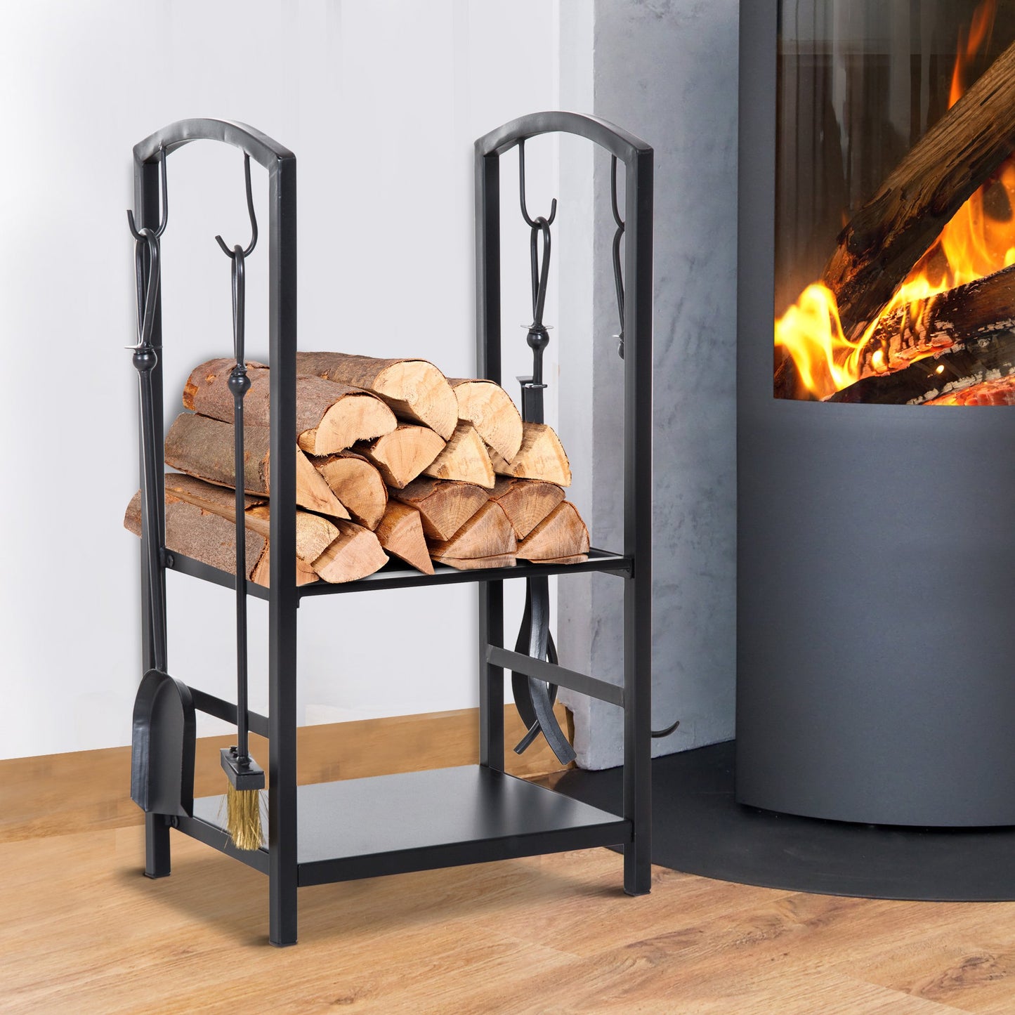 Outsunny firewood rack Heavy Duty Deck w/ 4 Tools Black | Aosom Canada