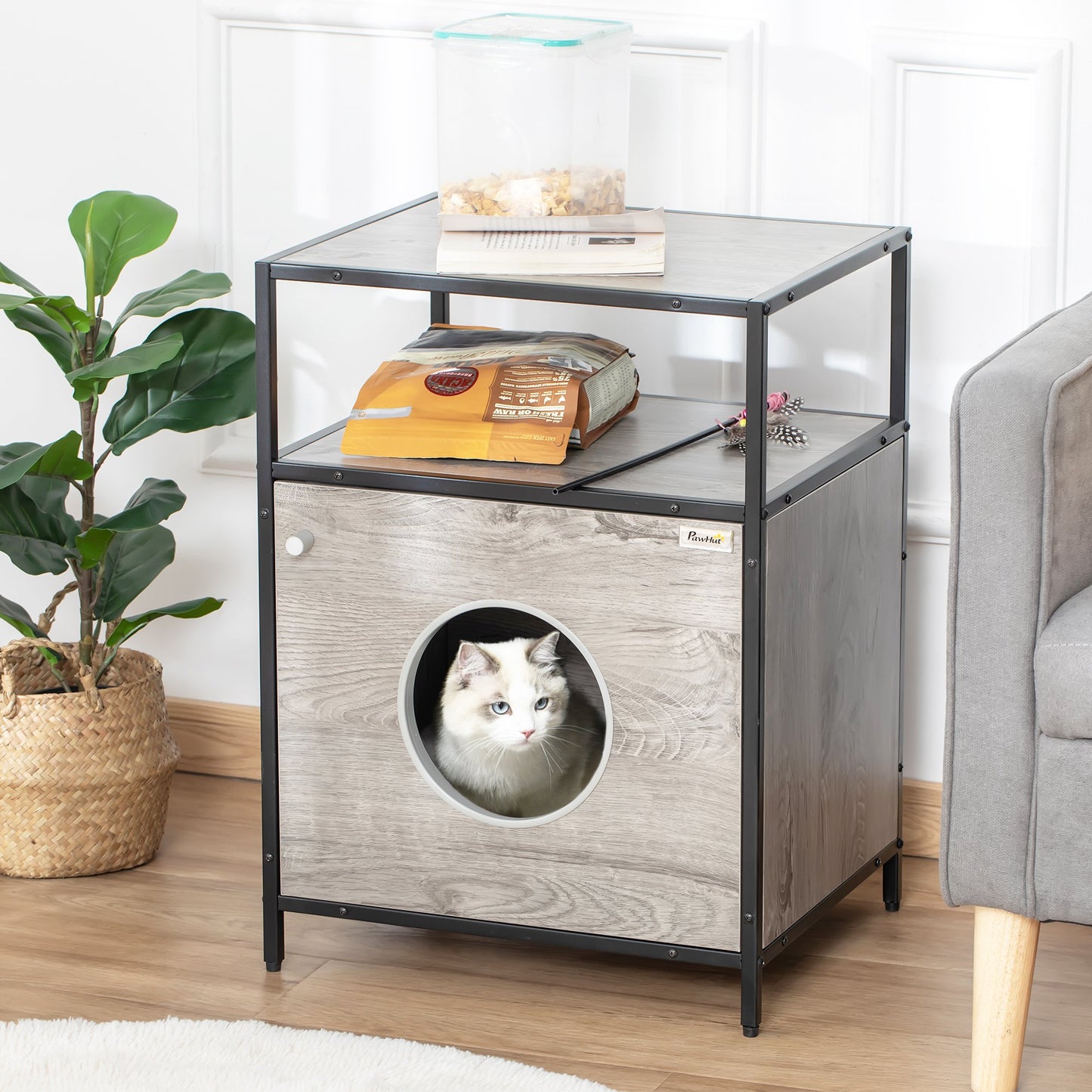PawHut Wooden Cat House Kitty Shelter Bed with Washable Cushion and Open Shelf, Grey, 19" x 15.75" x 25.75" | Aosom Canada