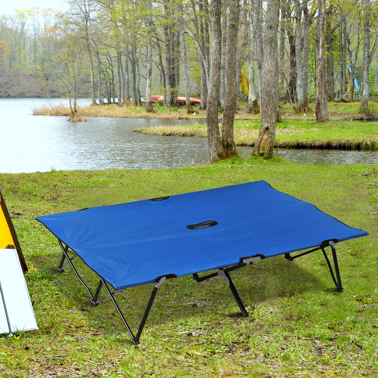 Outsunny 76" Two Person Folding Camping Cot Outdoor Portable Double Wide Military Sleeping Bed w/ Carrying Bag Blue | Aosom Canada