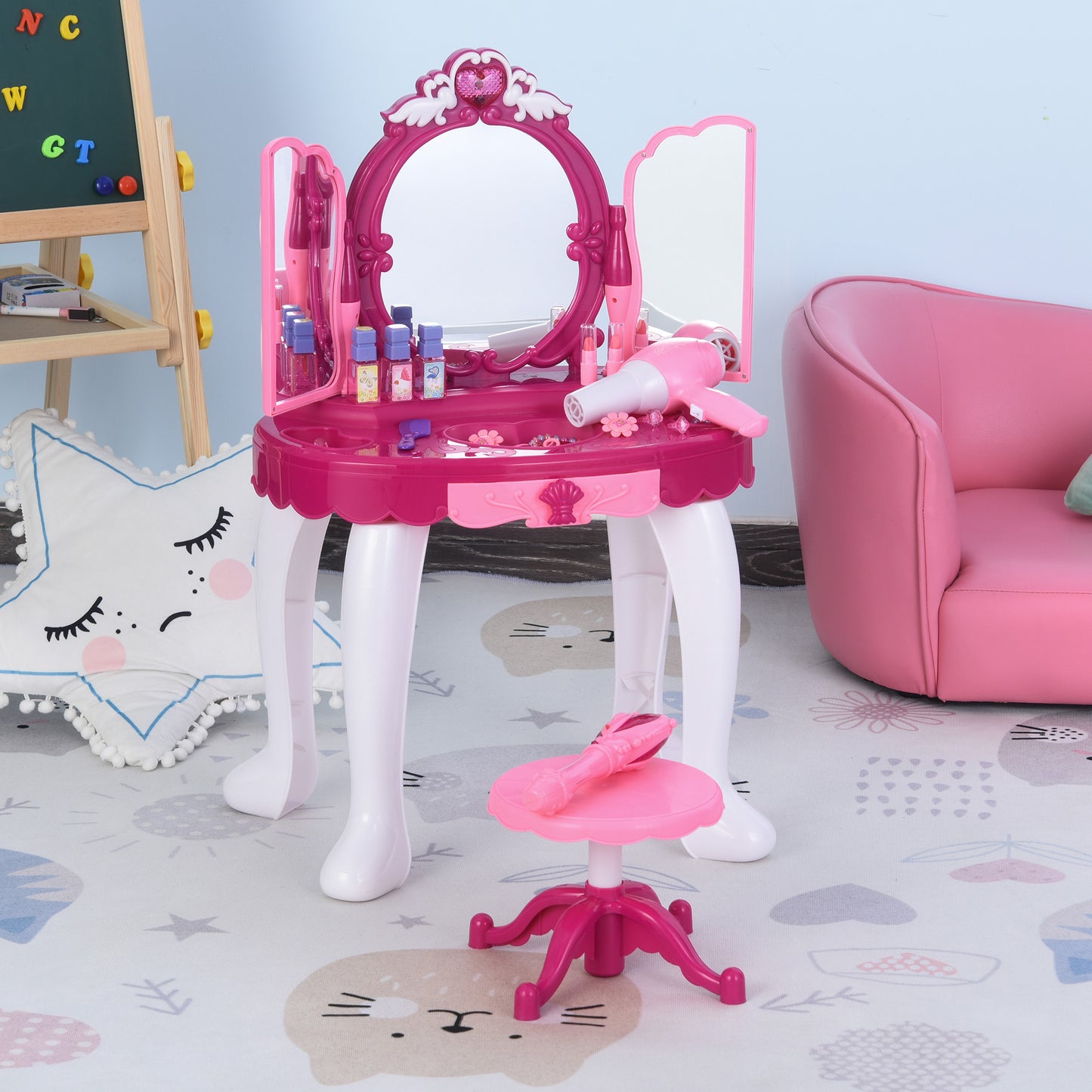 Qaba Children Dressing Table Set Girls Pretend Princess Vanity Table Chair w/ Music and Lightening Cosmetic Mirror Hair Dryer | Aosom Canada