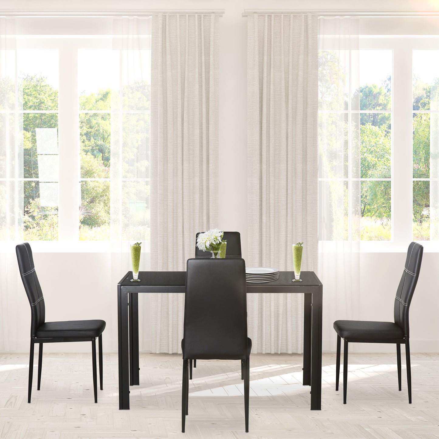 HOMCOM 5-Piece Kitchen Dining Table Set with 4 Faux Leather Metal Frame Chairs Glass Tabletop Desk, Black | Aosom Canada