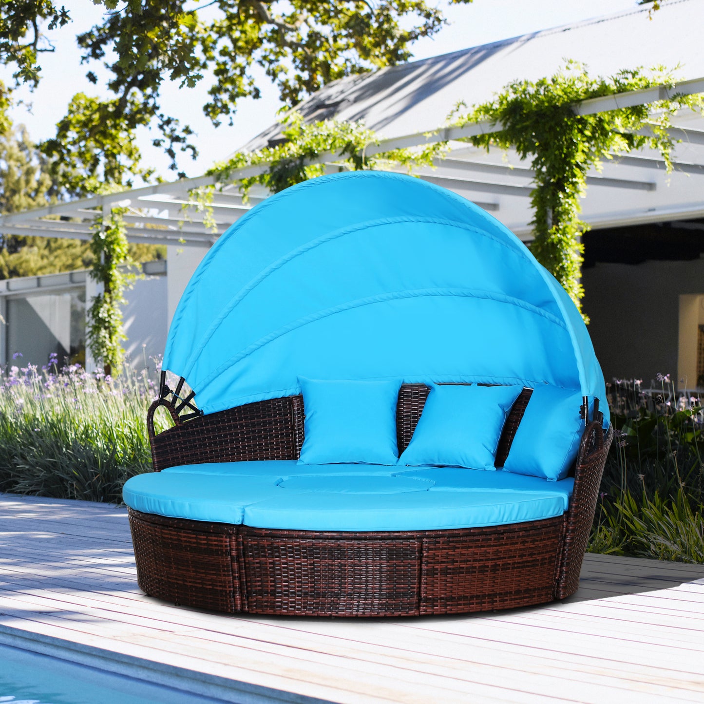Outsunny 4-piece Cushioned Outdoor Rattan Wicker Round Sunbed or Conversational Sofa Set with Sun Canopy, Brown & Blue | Aosom Canada