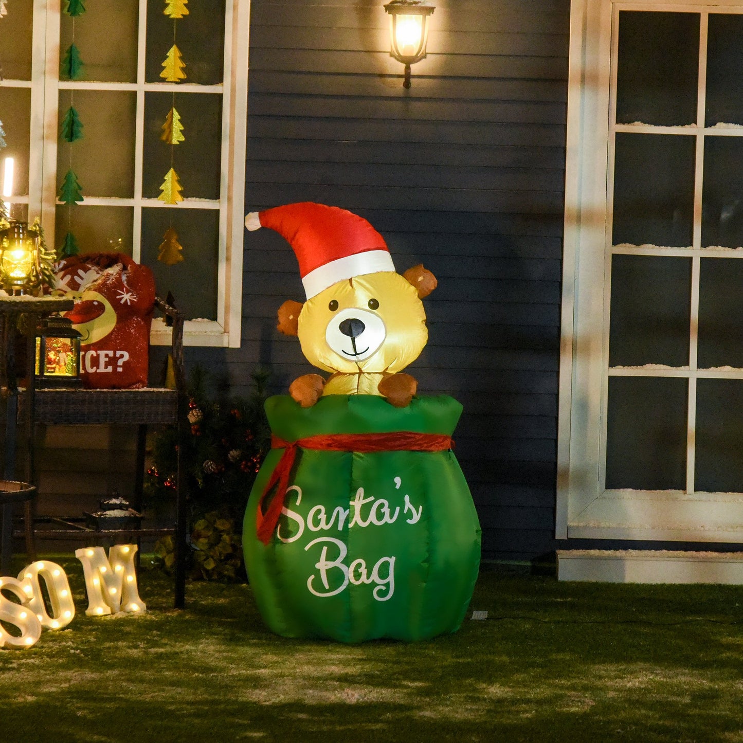 HOMCOM 4.4Ft LED Light Up Inflatable Up and Down Telescopic Bear in Santa's Bag with a Santa Hat For Christmas Holiday Yard Decoration | Aosom Canada