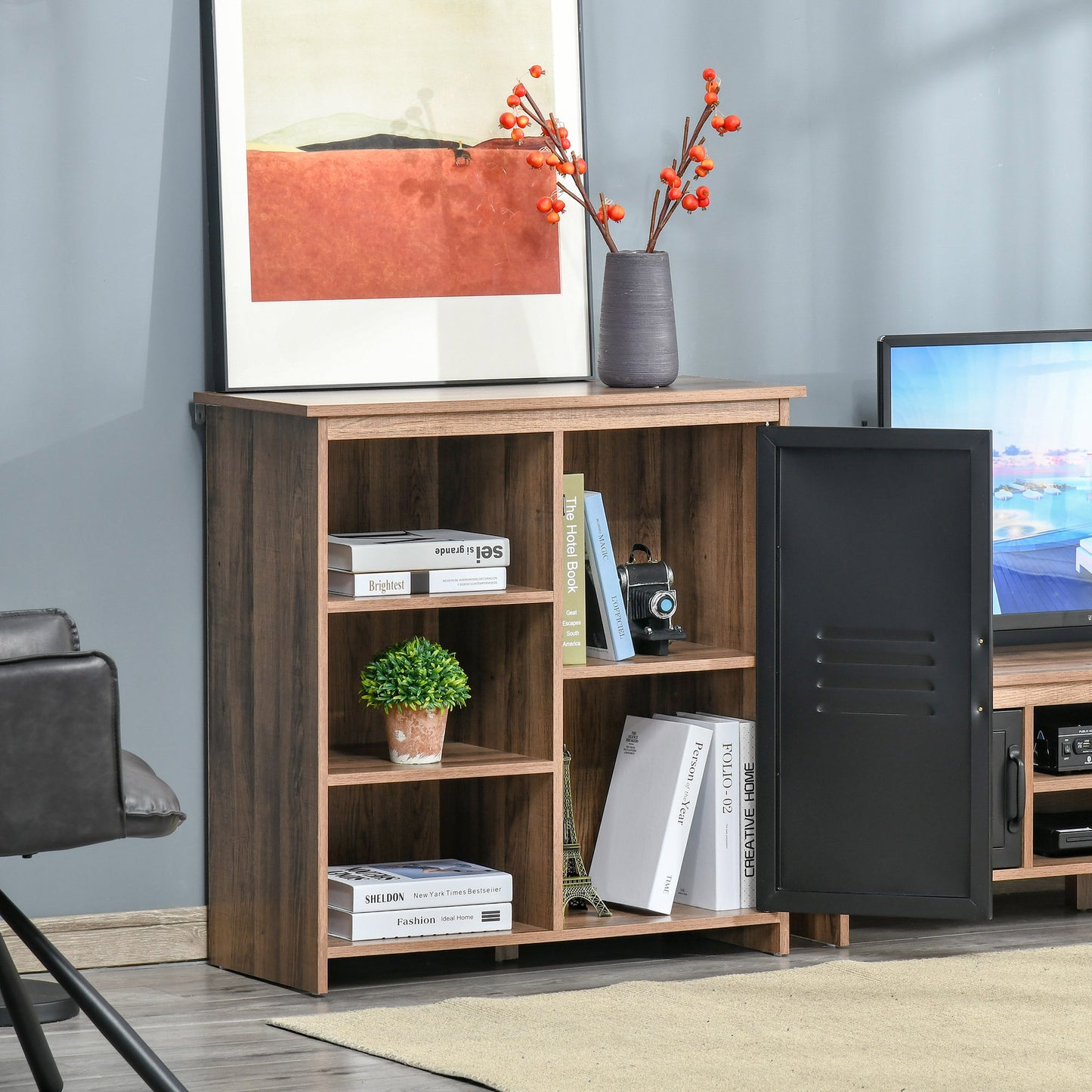 HOMCOM Cupboard Storage Cabinet with 3 Tiers and Steel Door, Home Organizer Sideboard with Adjustable Shelf |Aosom Canada