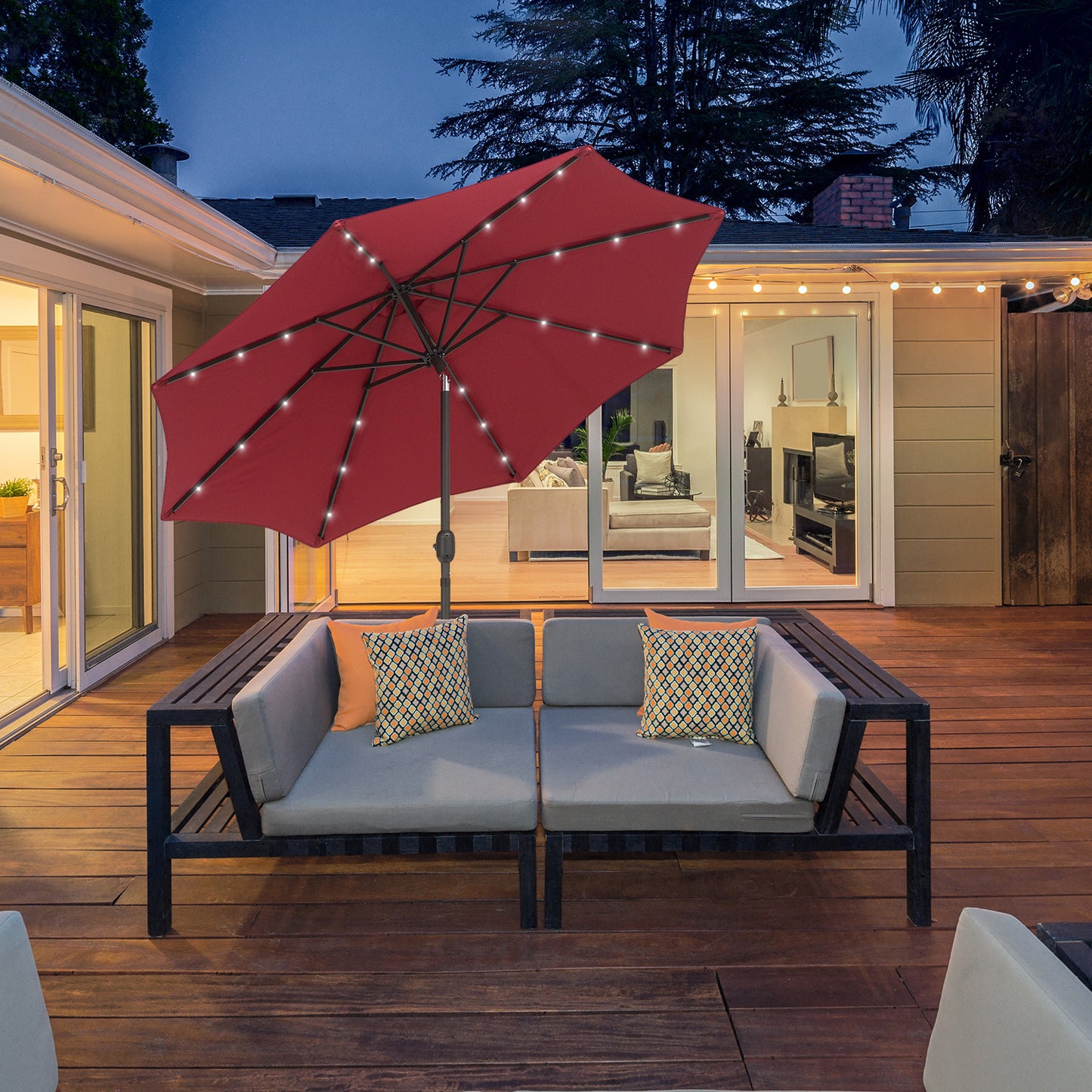 Outsunny 9ft Solar Patio Umbrella Outdoor Sunshade 24 LED Lights Tilt Canopy Wine Red | Aosom Canada