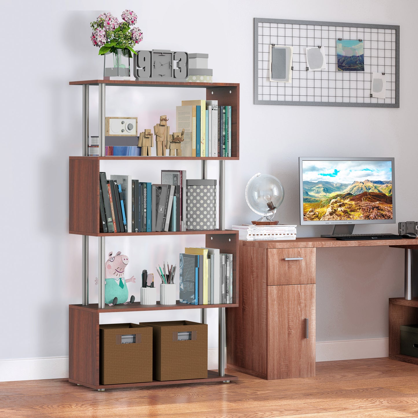 HOMCOM 4-Tires Wooden Bookcase S Shape Storage Bookshelf Display for Living Room, Bedroom, Office with Steel Frame, Walnut | Aosom Canada