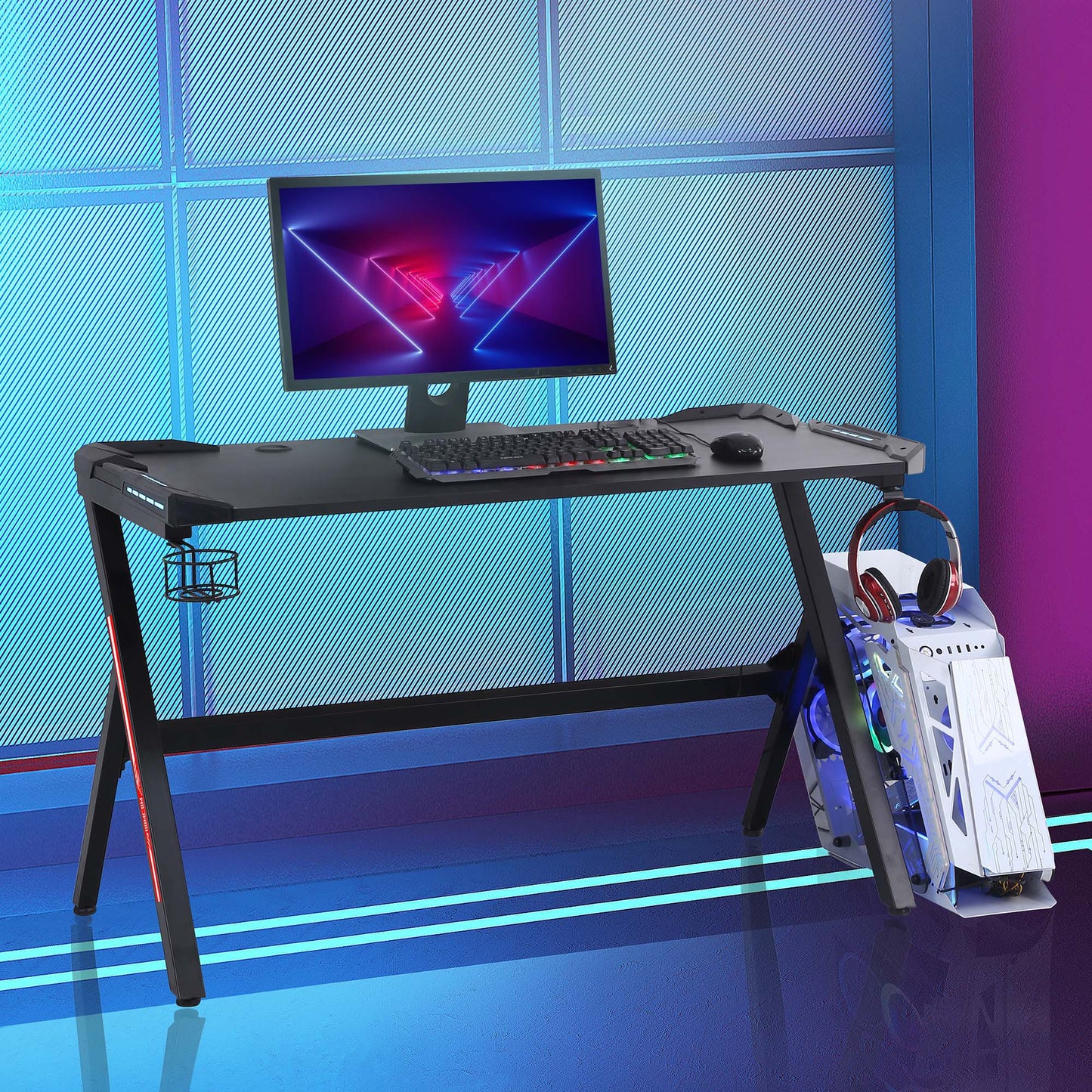 HOMCOM 55" Gaming Desk Racing Style Computer Table with LED Light Cup Holder Headphone Hook Cable Management, Black | Aosom Canada