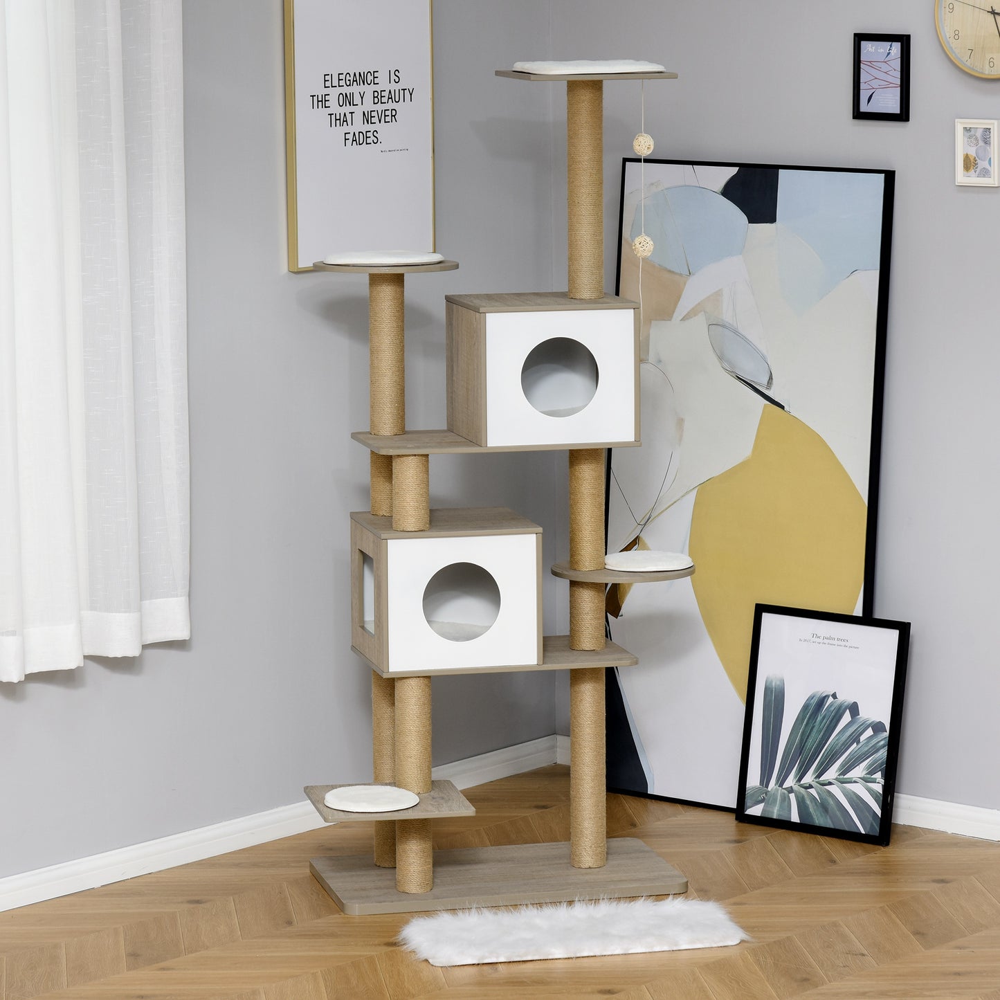 PawHut 69.75" Cat Tree Condo Tower Kittens Activity Stand House with Hanging Toy Ball with Scratching Posts for Small Cats, Light Grey | Aosom Canada