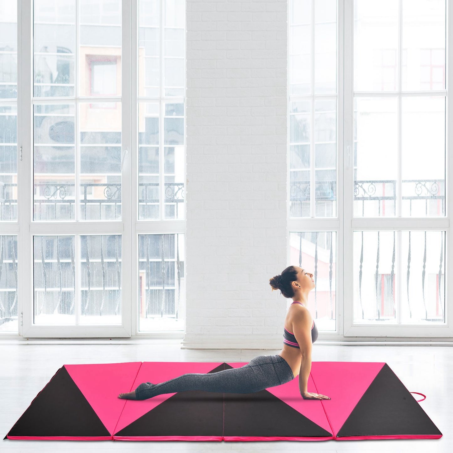Soozier 4' x10''x2” PU Leather Gymnastics Mat Tapis De Gym Tumbling Arts Folding Yoga Exercise Pad 4 Panel Triangle Pattern Pink/Black | Aosom Canada