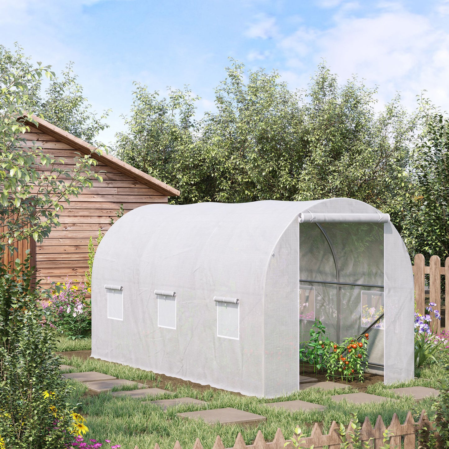 Outsunny 11.5x6.6x6.6ft Walk-in Tunnel Greenhouse Portable Garden Plant Growing Warm House with Door and Ventilation Window White | Aosom Canada