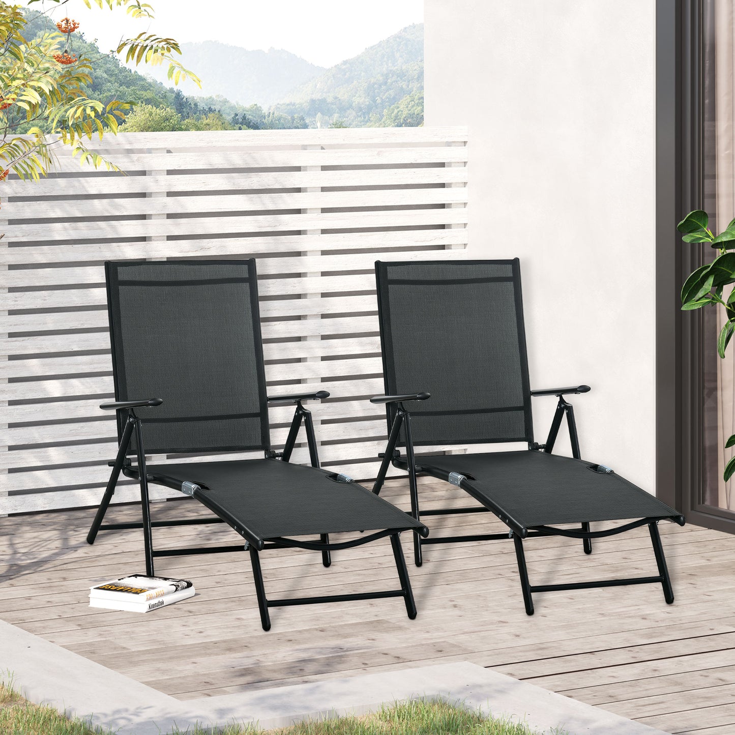 Outsunny Outdoor Set of 2 Lounge Chair, Folding Reclining Garden Sun Lounger with Metal Frame, Black | Aosom Canada