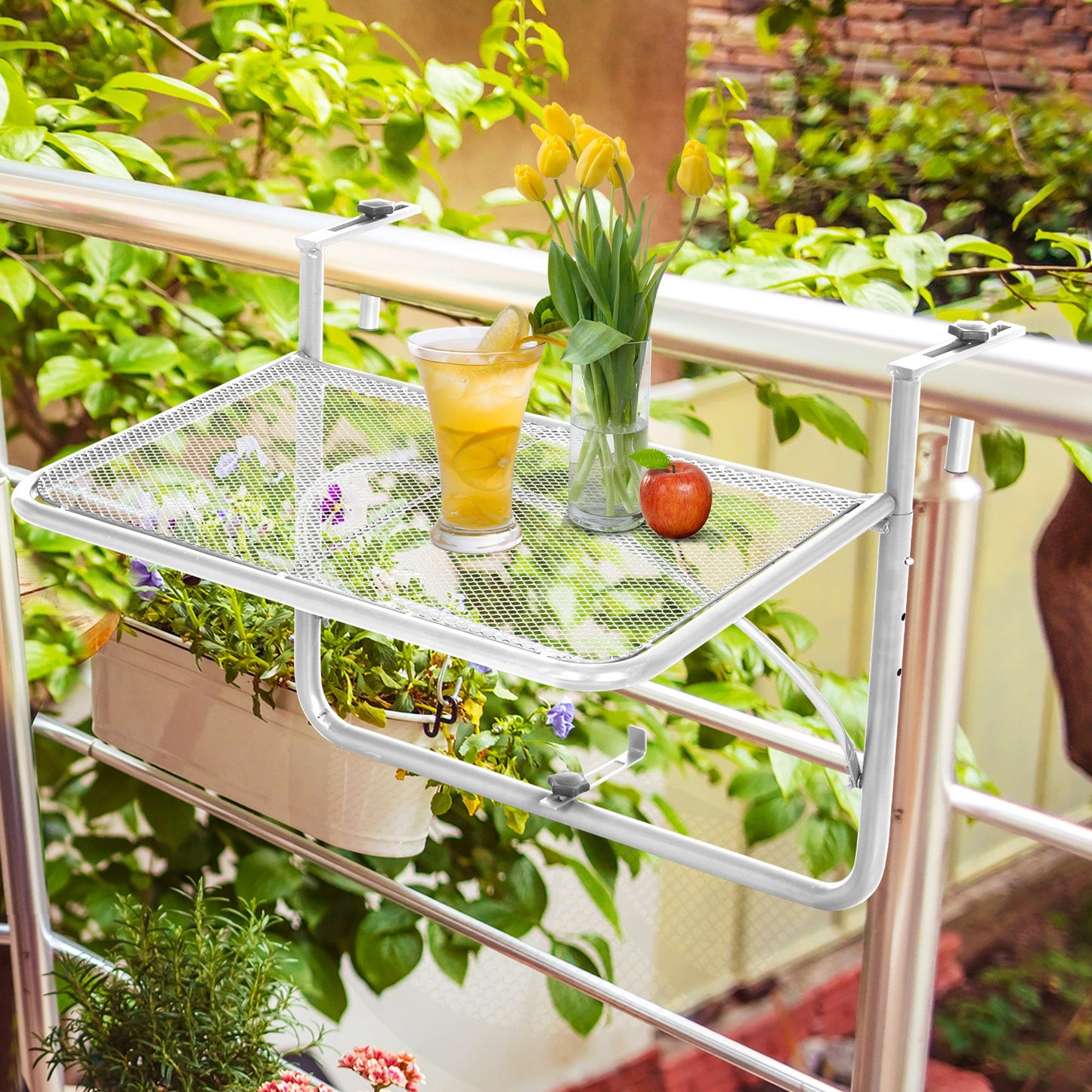 Outsunny Adjustable Balcony Hanging Rail Table Metal Mounting Mini Wall Desk Outdoor Rectangle, White | Aosom Canada