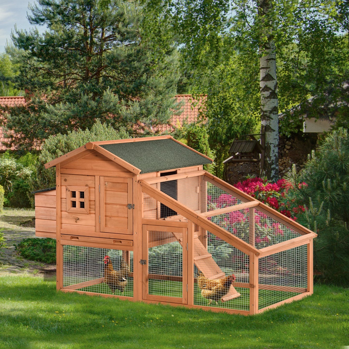 PawHut 69" Chicken Coop Wooden Hen House Rabbit Hutch Poultry Cage Pen with Outdoor Run Resting Nesting Box, Yellow and Green | Aosom Canada