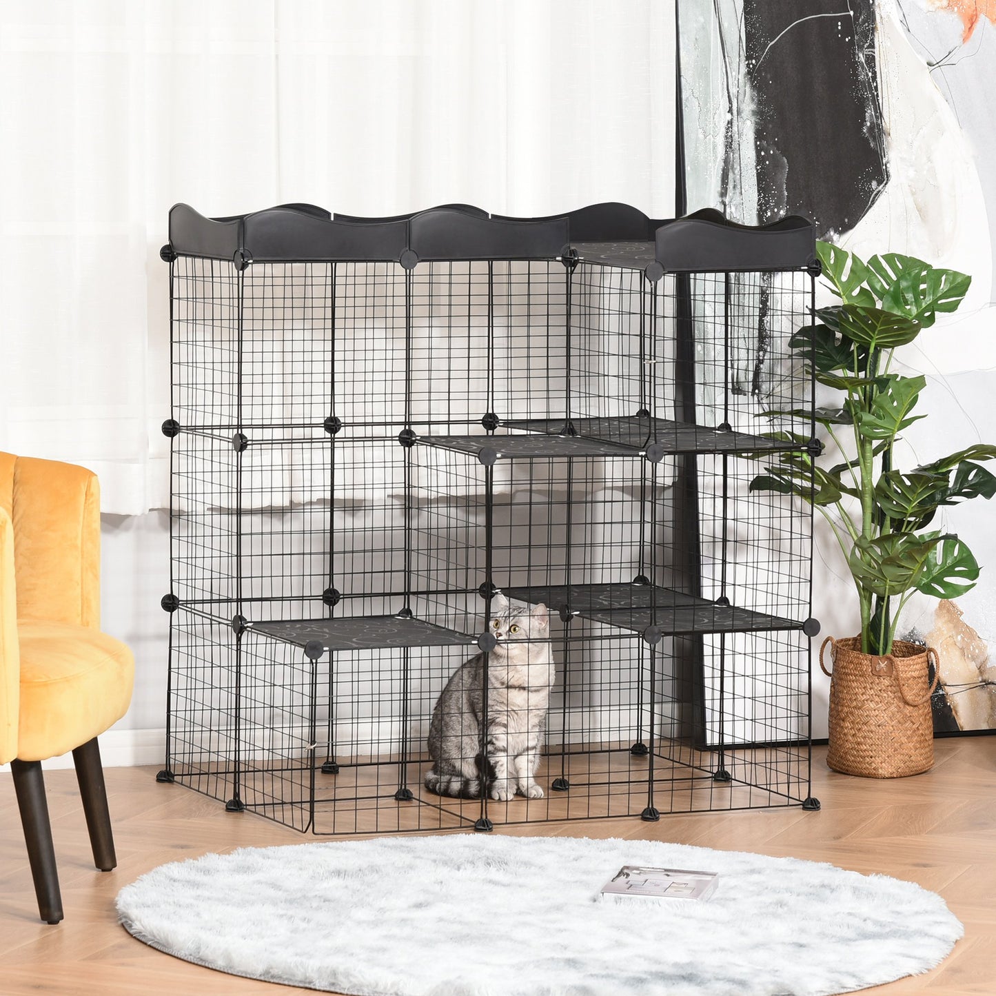 PawHut Pet Playpen DIY Small Animal Cage Fence with Door Ramp Accessories Indoor Outdoor for Kitten Pet Mink Black | Aosom Canada