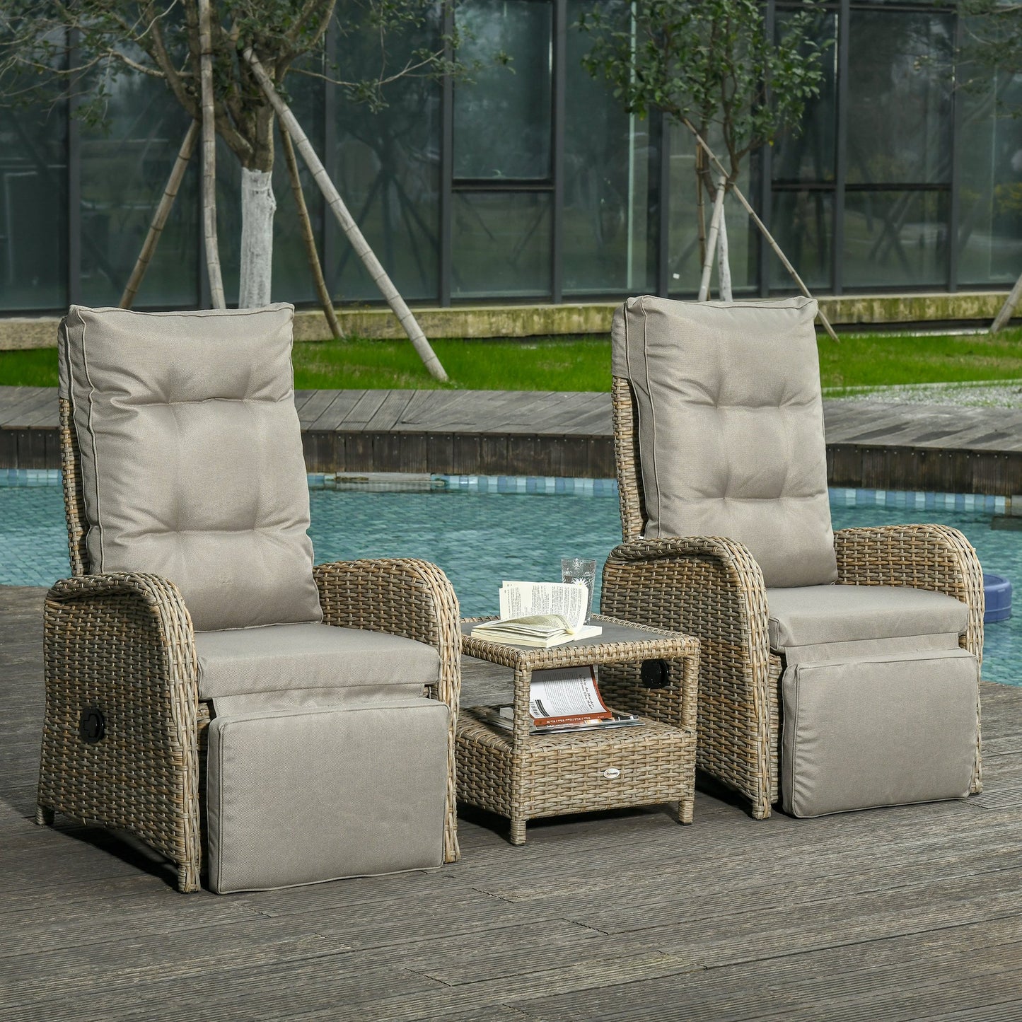 Outsunny 3 Pieces Patio Wicker Bistro Set, PE Rattan Coffee Table & Recline Chairs Set, w/ Cushions & Wood Grain Plastic Top | Aosom Canada