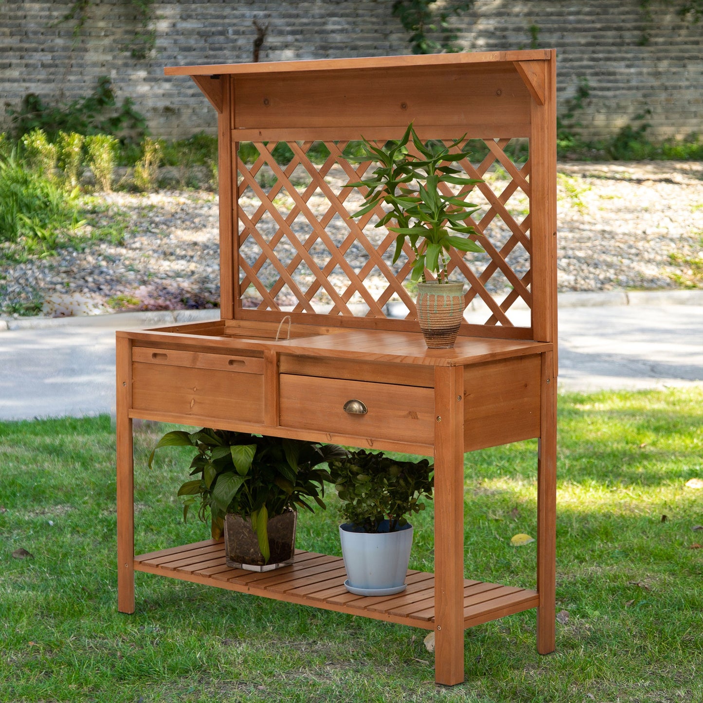 Outsunny 47'' x 17'' x 59'' Wooden Garden Potting Table with Shelf Drawer Plant Work Bench Workstation Outdoor Nature Wood Color | Aosom Canada