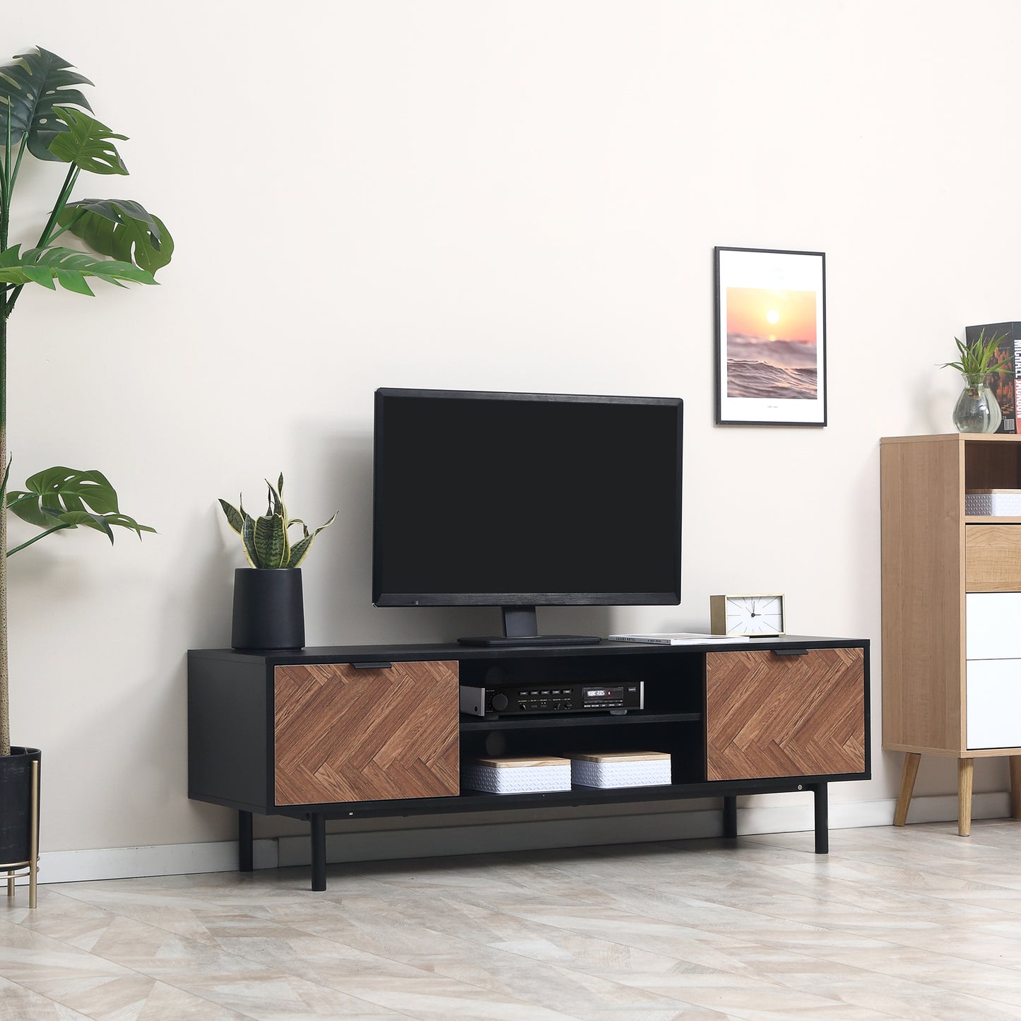 HOMCOM Modern TV Stand with Storage for TVs up to 50", Media Console with 2 Cupboards and Open Shelves, TV Unit, Black | Aosom Canada