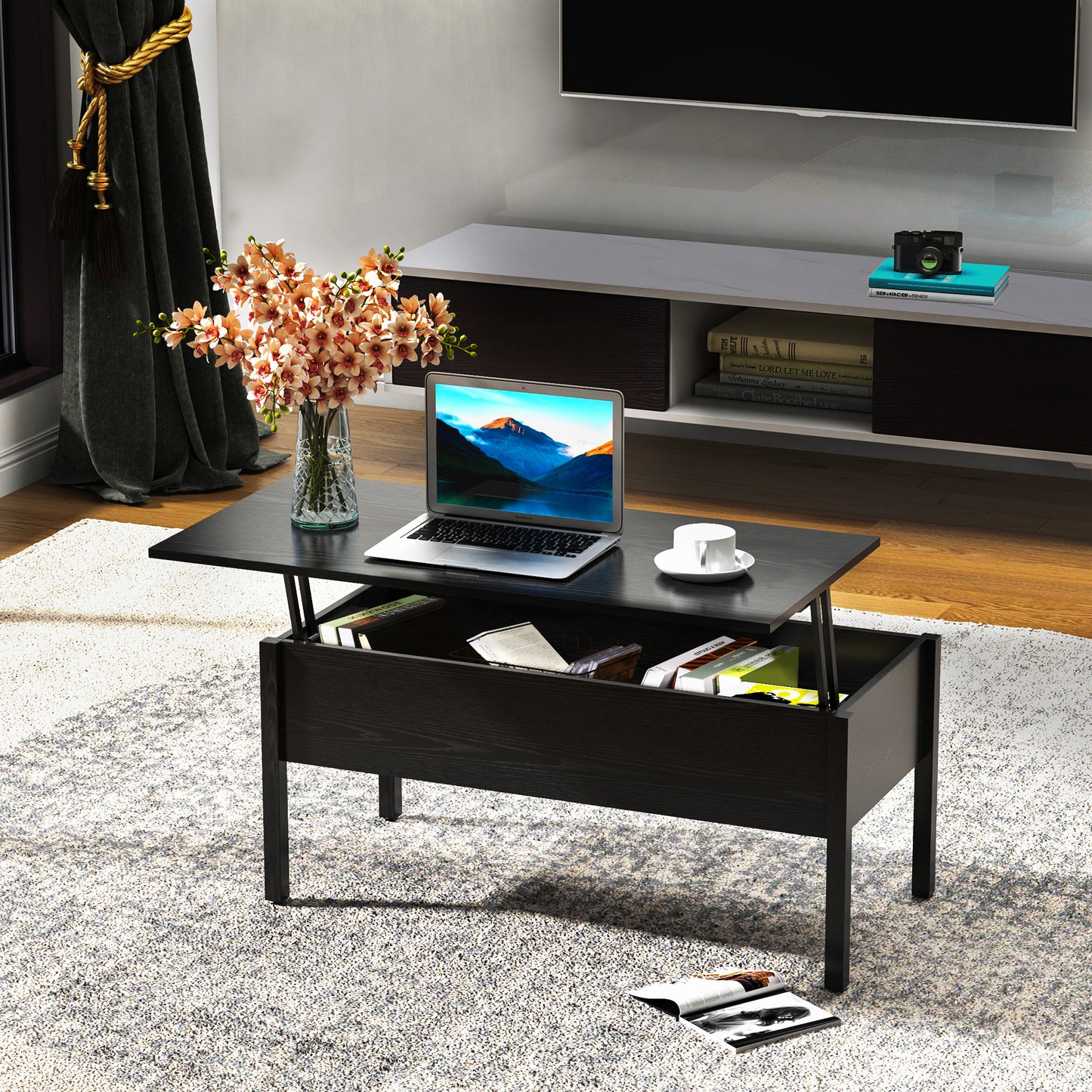HOMCOM 39" Modern Lift Top Coffee Table with Hidden Storage Compartment, Center Table for Living Room, Black | Aosom Canada
