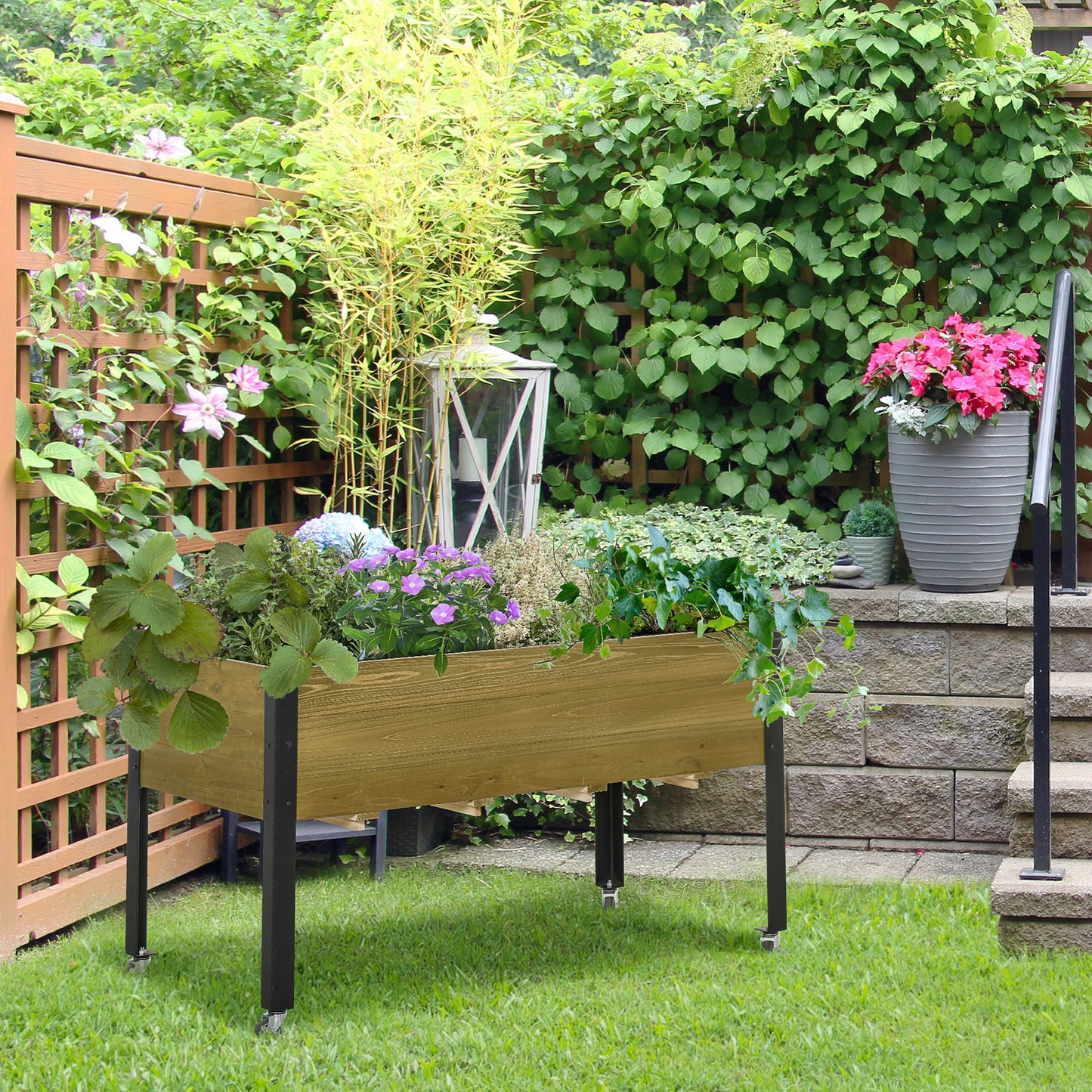 Outsunny Raised Garden Bed Mobile Elevated Wood Planter Box w/ Metal Legs, Lockable Wheels and Non-woven Fabric | Aosom Canada