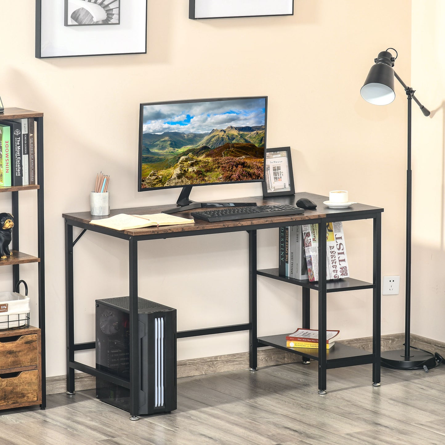 HOMCOM Computer Desk,Latop Table,Study Table with 2 Shelves Rustic Brown & Black | Aosom Canada