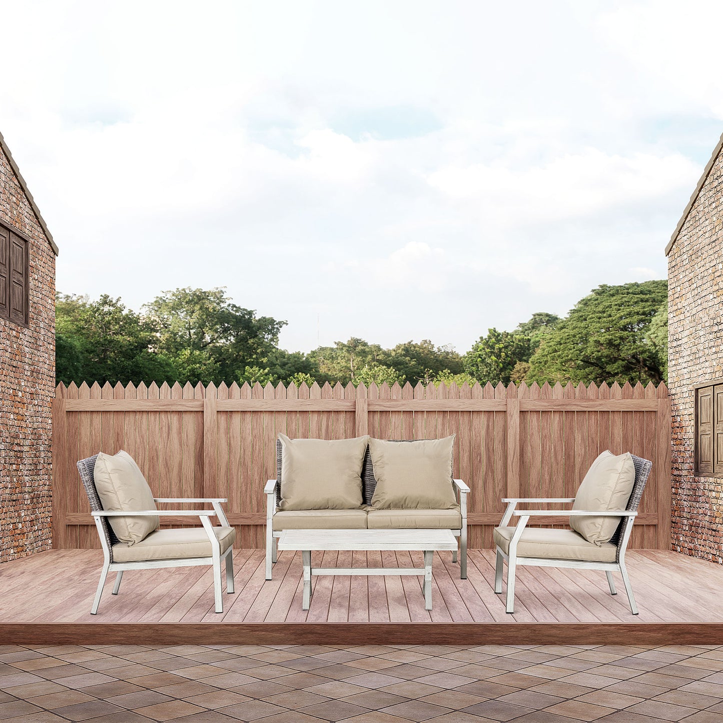 Outsunny 4 Pieces Patio Wicker Sofa Set, Outdoor PE Rattan Aluminum Frame Conservatory Furniture, Lawn Coffee Table, Beige | Aosom Canada