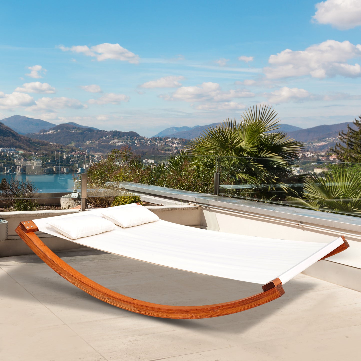 Outsunny Rocking 2 Sun Lounger Hammock Curved Wooden Stand Outdoor | Aosom Canada
