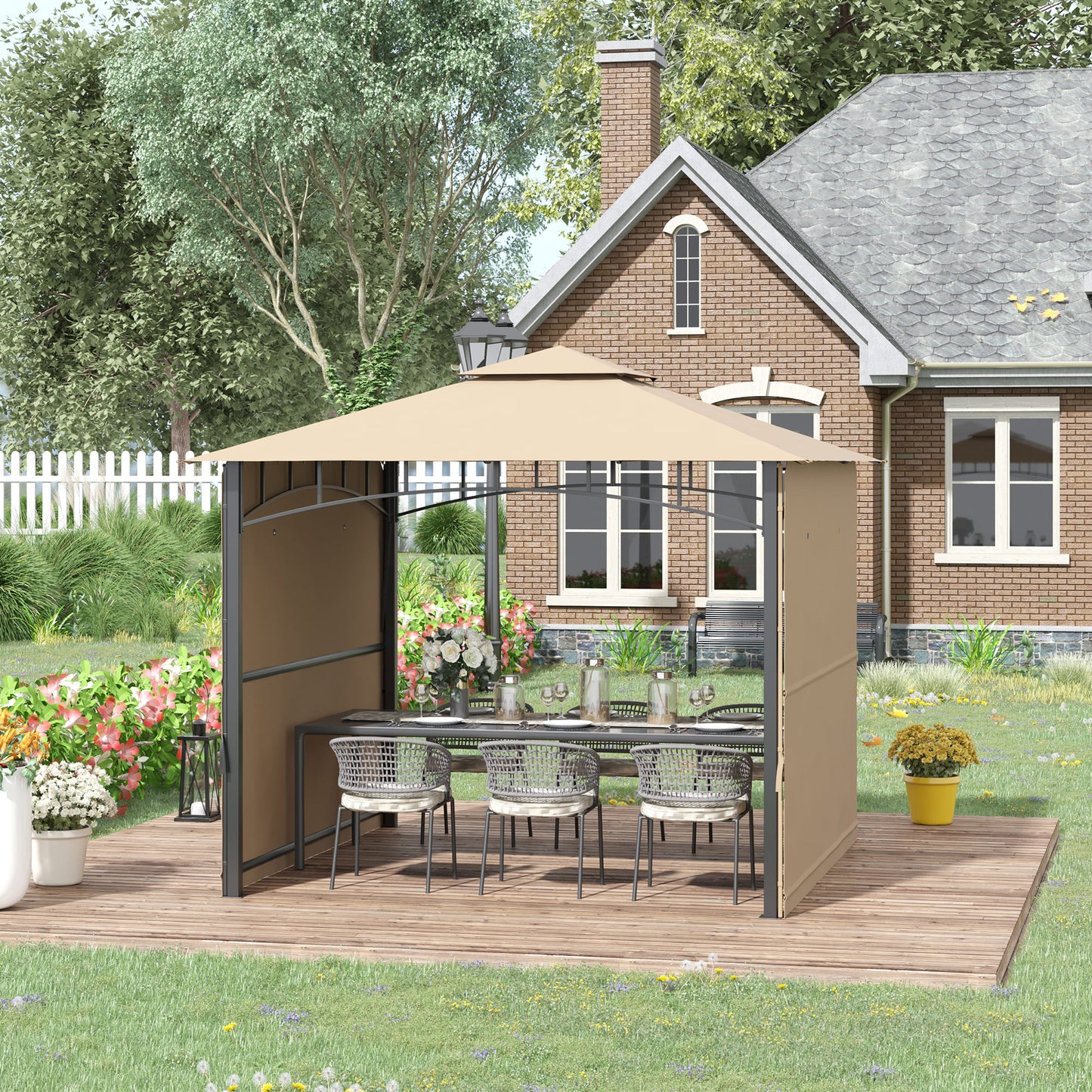 Outsunny 10' x 10' Patio Gazebo Outdoor Canopy Shelter with Double Vented Roof, Double Awnings, Steel Frame, Beige | Aosom Canada
