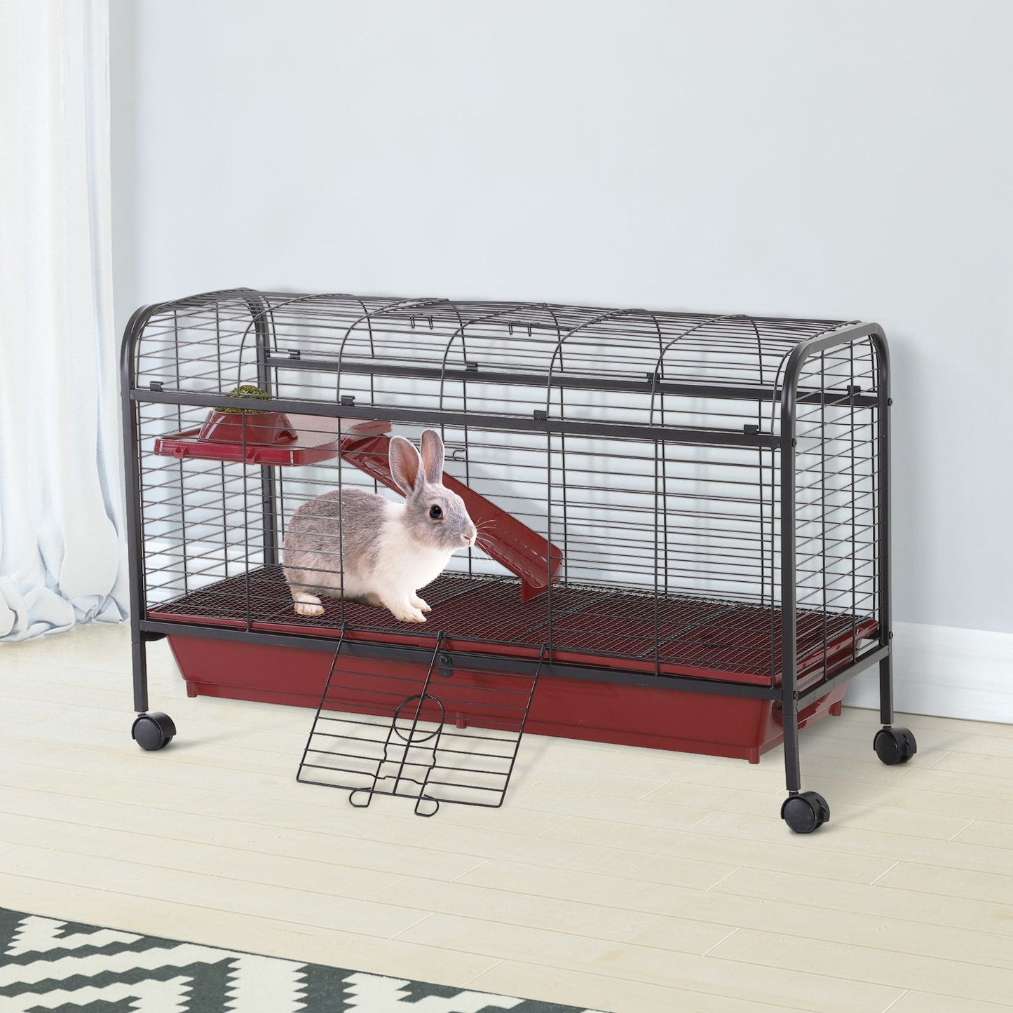 PawHut 42” Metal Wire Small Animal Pet Cage w/ EasyWheels for Portability & Spacious Multi-Level Design Red and Black | Aosom Canada