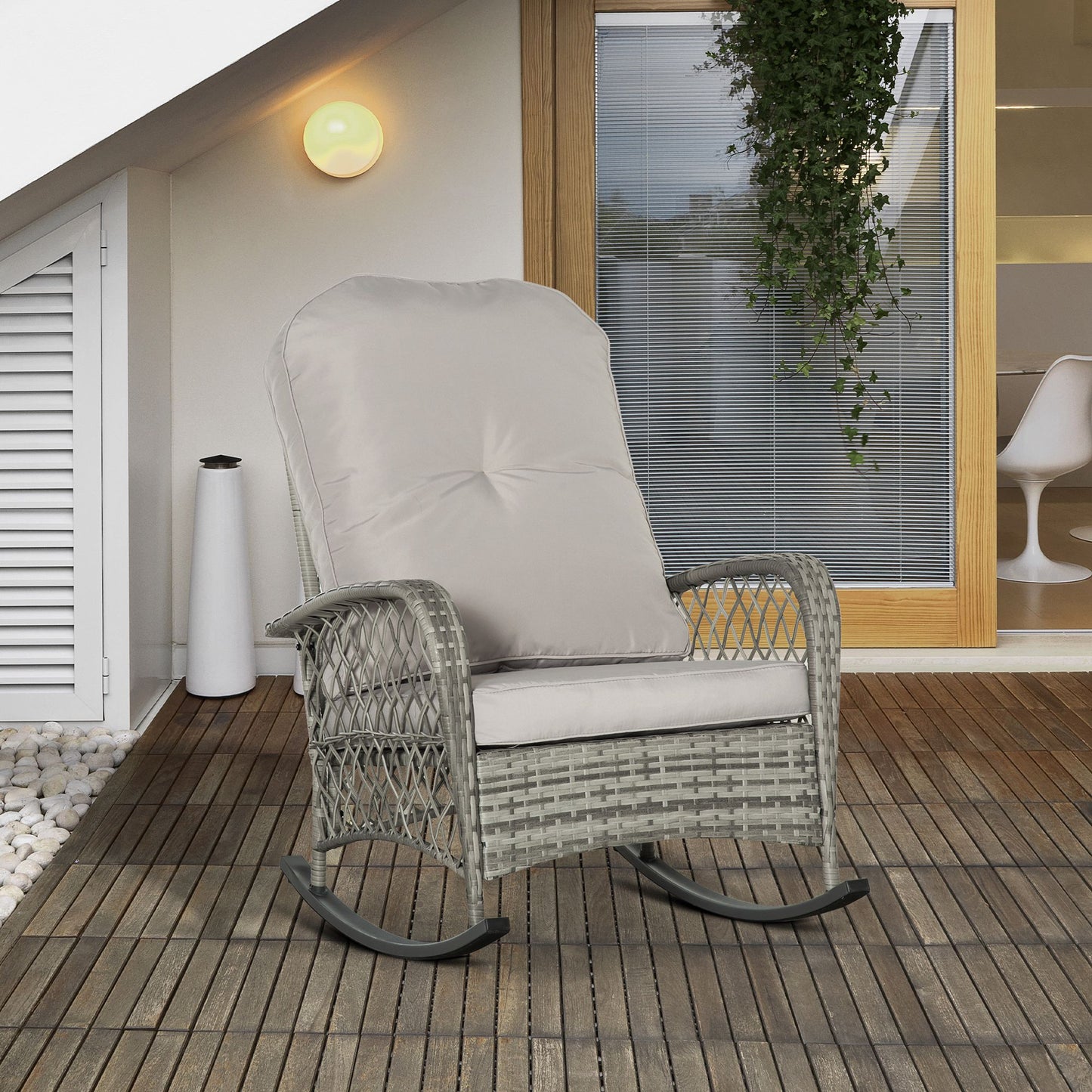 Outsunny Outdoor PE Rattan Rocking Chair, Patio Wicker Recliner Rocker Chair with Soft Cushion, for Garden Backyard Porch, Khaki | Aosom Canada