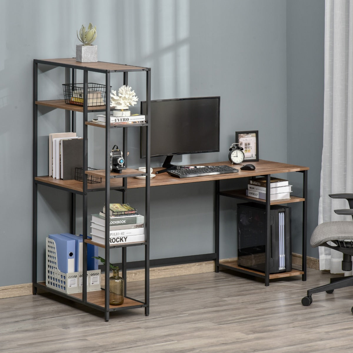HOMCOM Industrial Computer Desk with Display Storage Shelves, CPU Stand, Study Table Computer Workstation, Brown Wood Grain | Aosom Canada