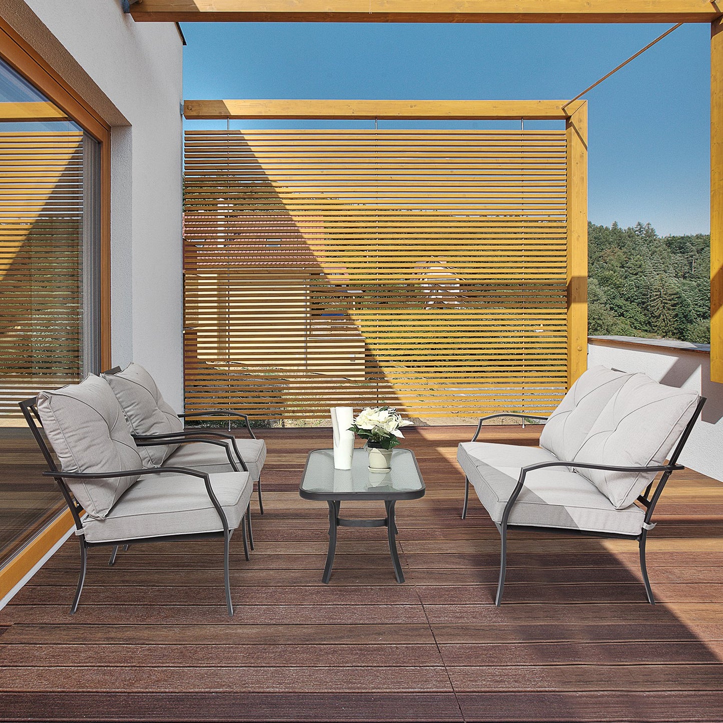 Outsunny 4 Pcs Metal Frame Garden Sofa Set w/ Loveseat 2 Chairs Glass Top Table w/ Foam Cushions | Aosom Canada