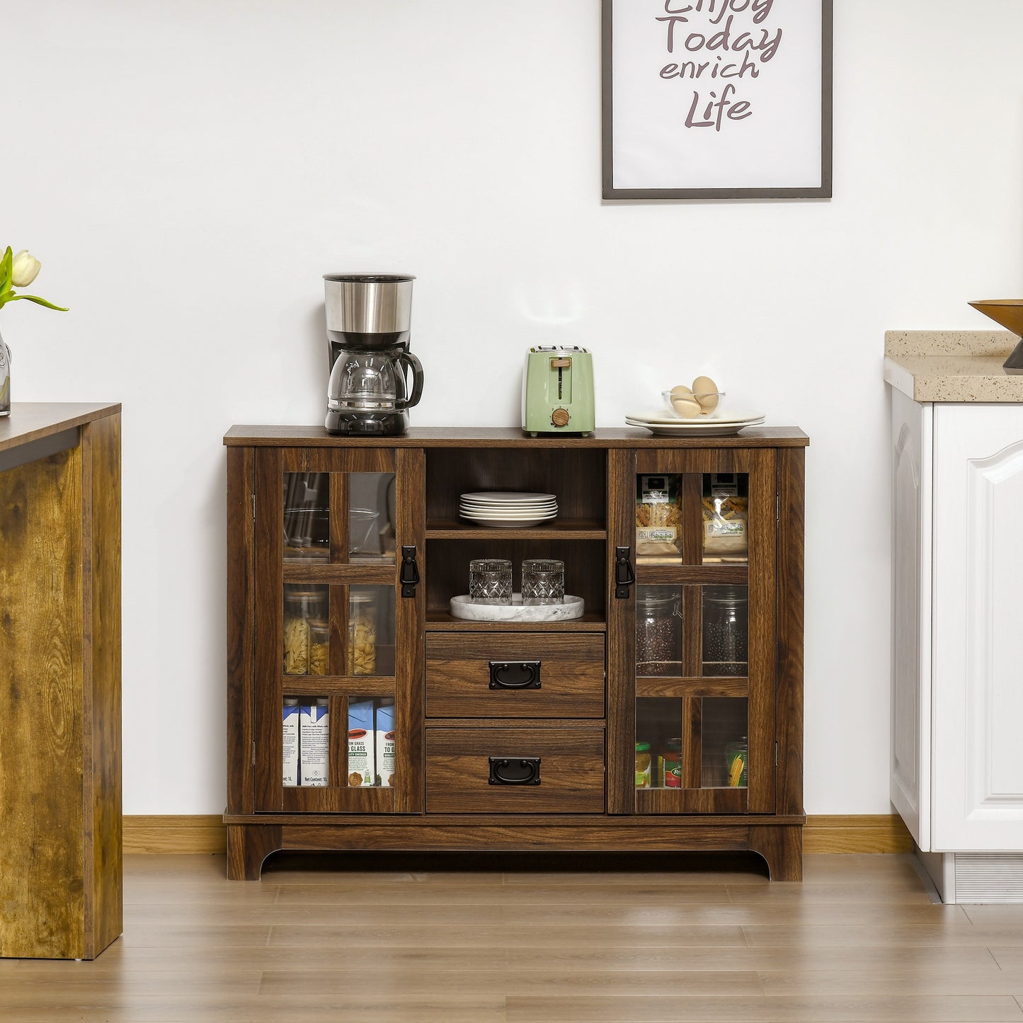 HOMCOM Sideboard Storage Cabinet Kitchen Cupboard Buffet Server with Glass Doors, 2 Drawers & Adjustable Shleves, Walnut | Aosom Canada