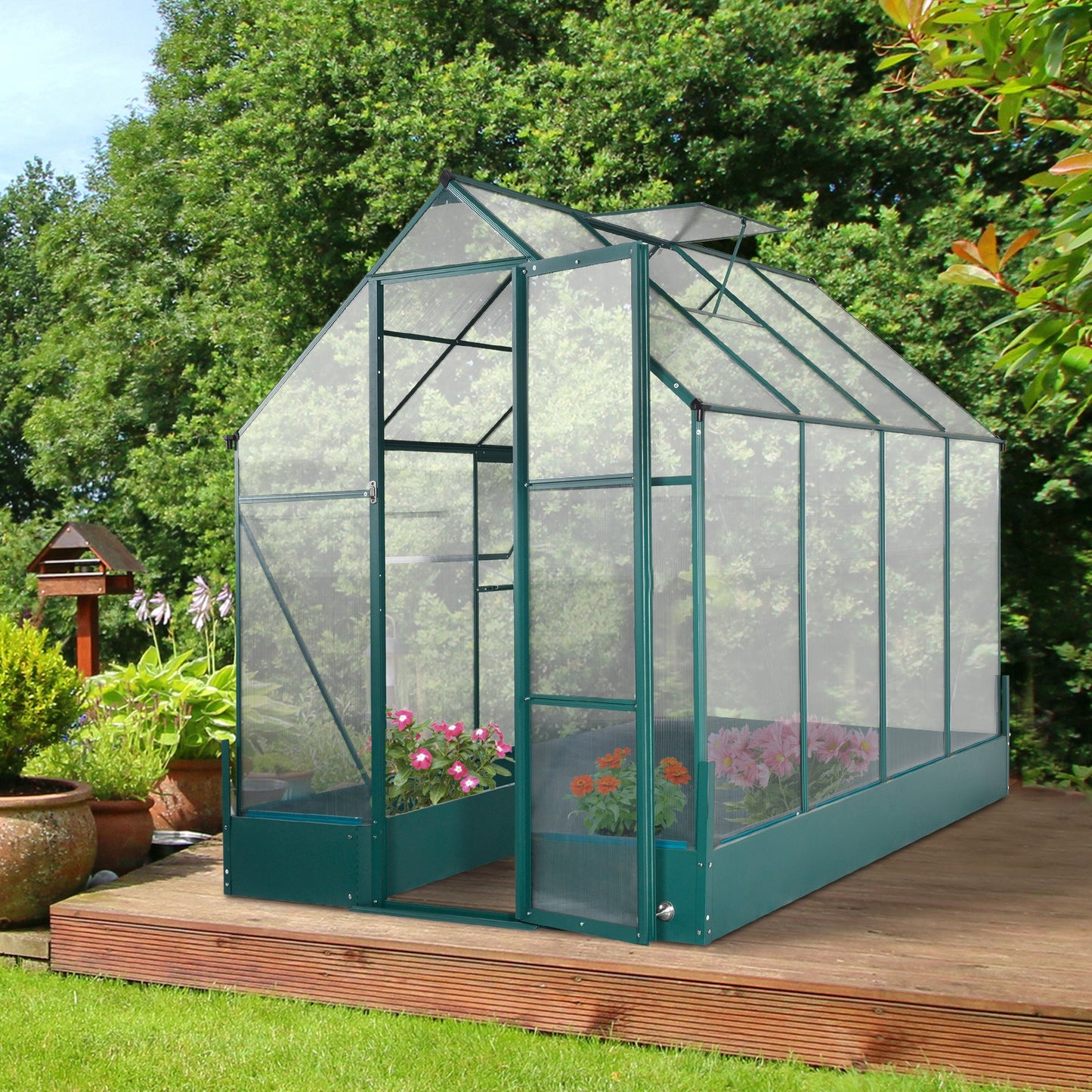 Outsunny 8.2' x 6.2' Walk-in Greenhouse Outdoor Plant Garden Temperature Controlled Window with Foundation | Aosom Canada