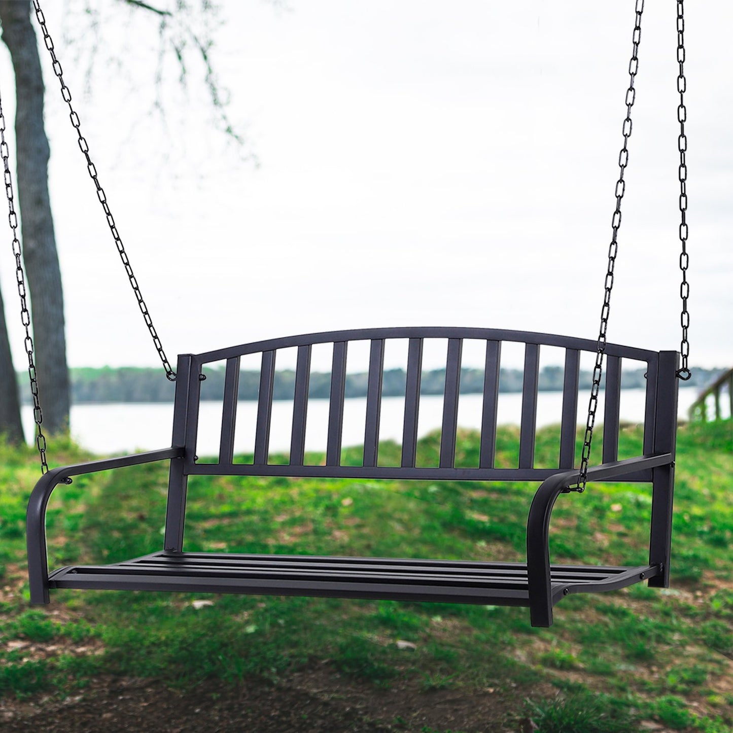 Outsunny 50" Outdoor Porch Swing Hanging Bench w/ Chain Black | Aosom Canada