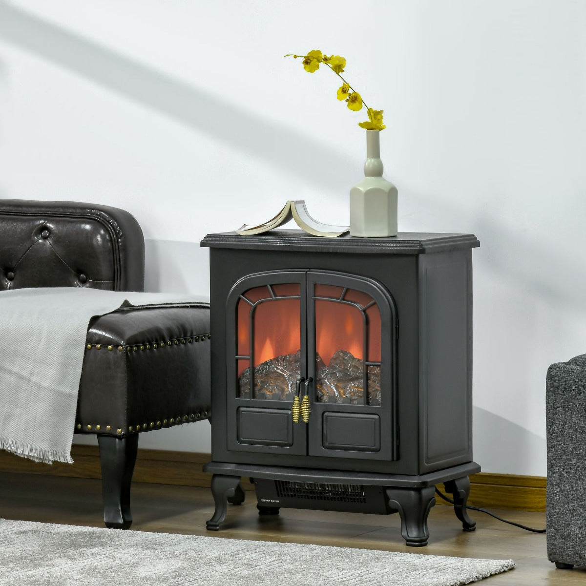 HOMCOM Electric Fireplace Stove Heater with LED Fire Flame Effect, Double Door, Freestanding & Portable with Overheat Protection, Black | Aosom Canada
