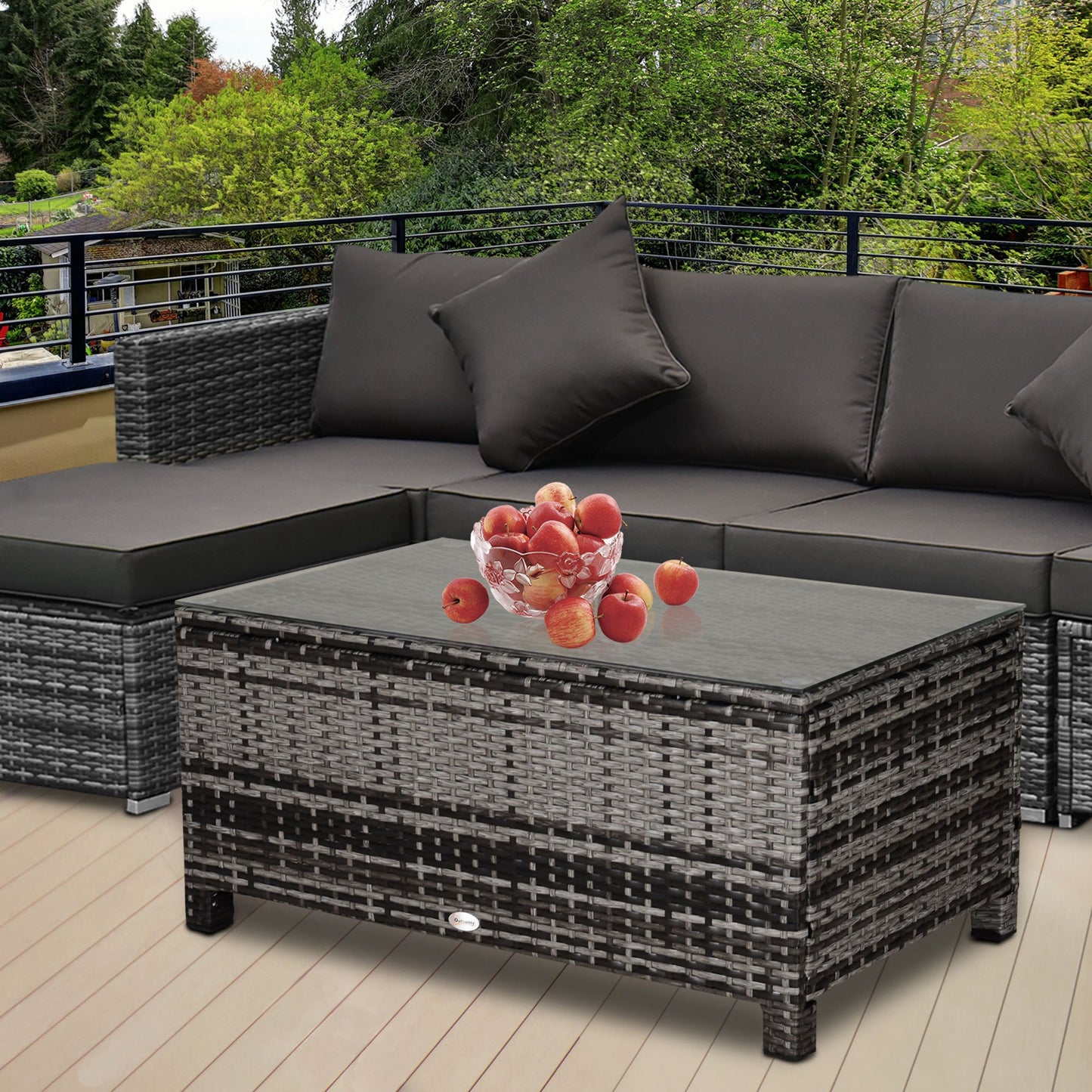 Outsunny Outdoor PE Rattan Wicker Table, Patio Garden Side Table w/ Glass Top for Patio, Balcony, Mixed Grey | Aosom Canada