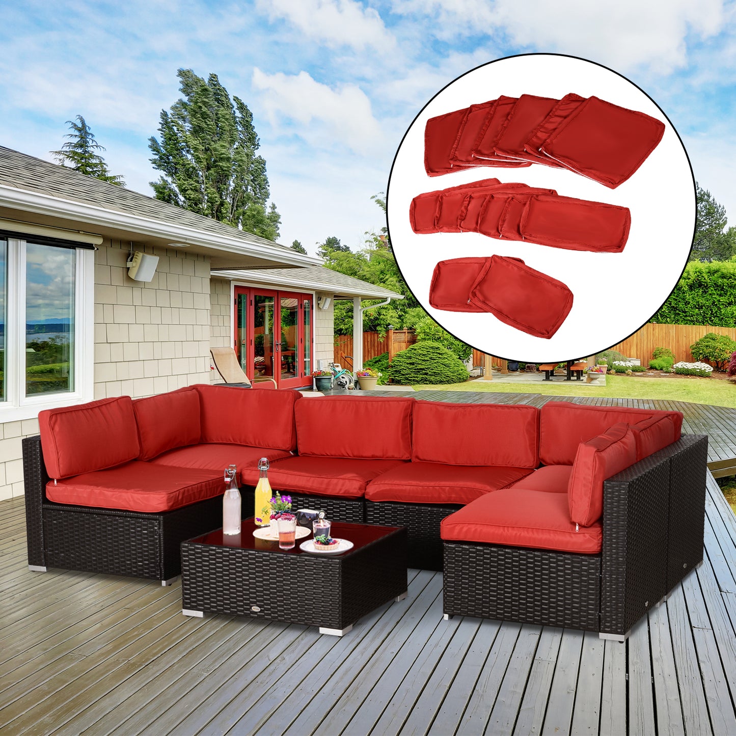 Outsunny Outdoor 14pc Patio Rattan Sofa Set Cushion Polyester Cover Replacement Set - No Cushion Included Red | Aosom Canada
