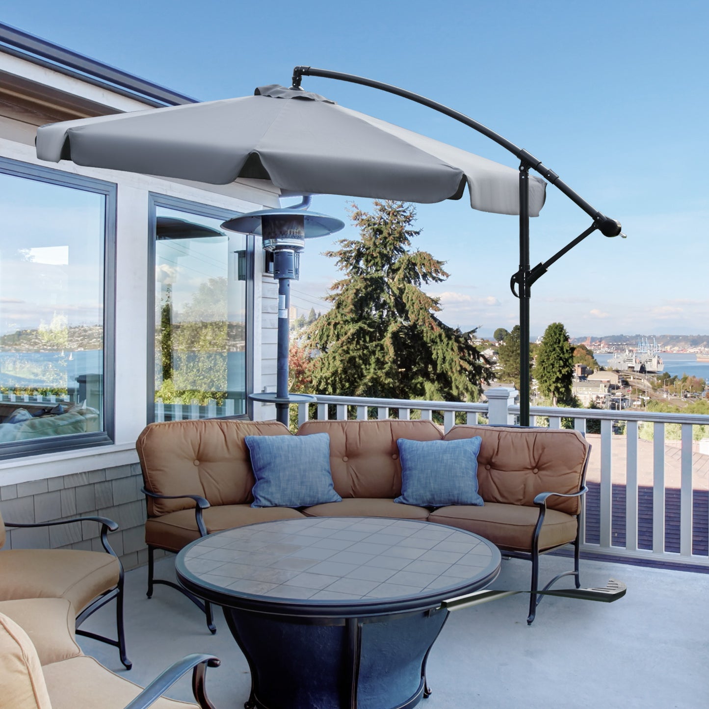 Outsunny 9FT Offset Hanging Patio Umbrella Cantilever Umbrella with Easy Tilt Adjustment, Cross Base and 8 Ribs, Dark Grey | Aosom Canada