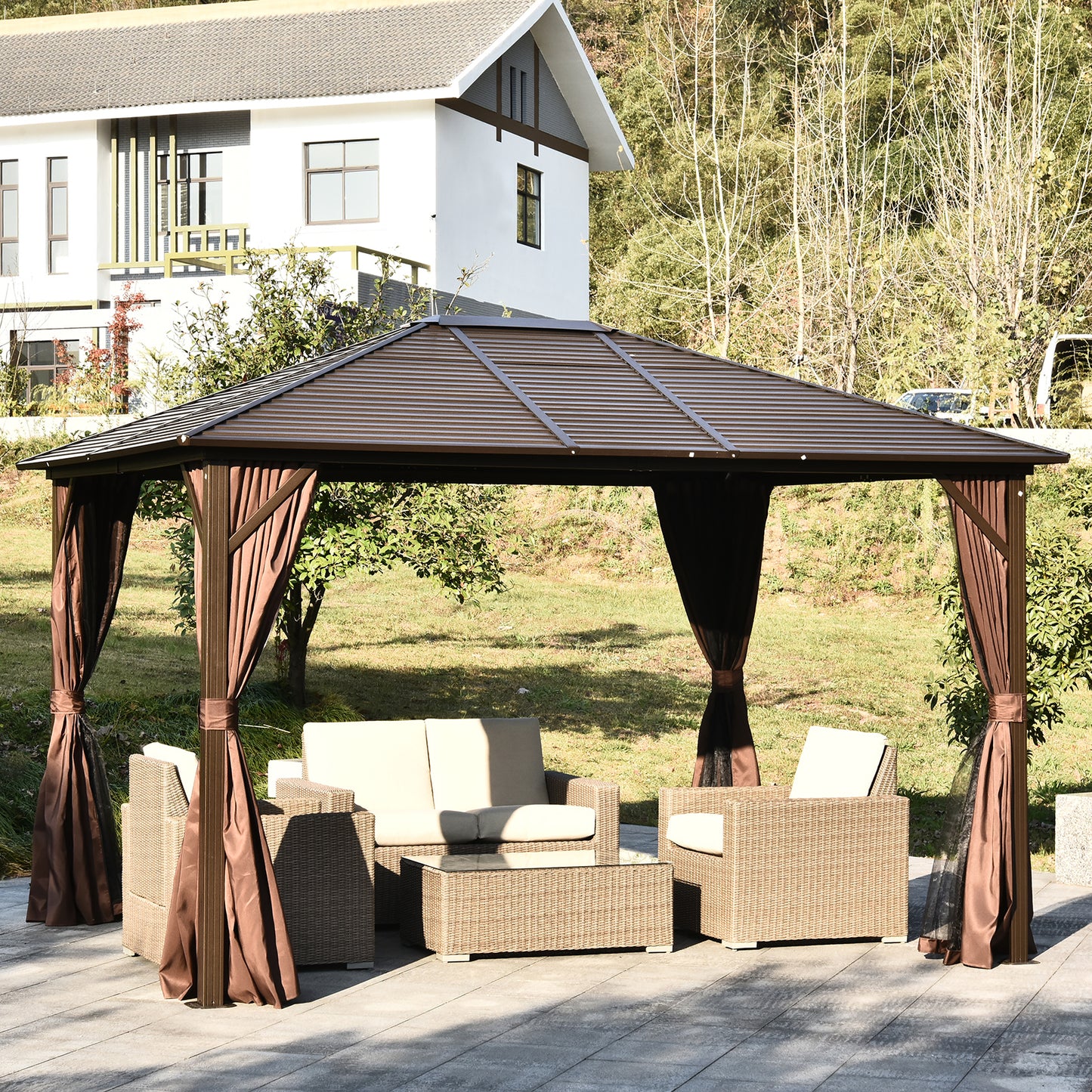 Outsunny 12x10ft Deluxe Steel Hardtop Patio Gazebo Garden Sun Shelter Aluminum Frame Heavy Duty Outdoor Pavilion, Brown | Aosom Canada