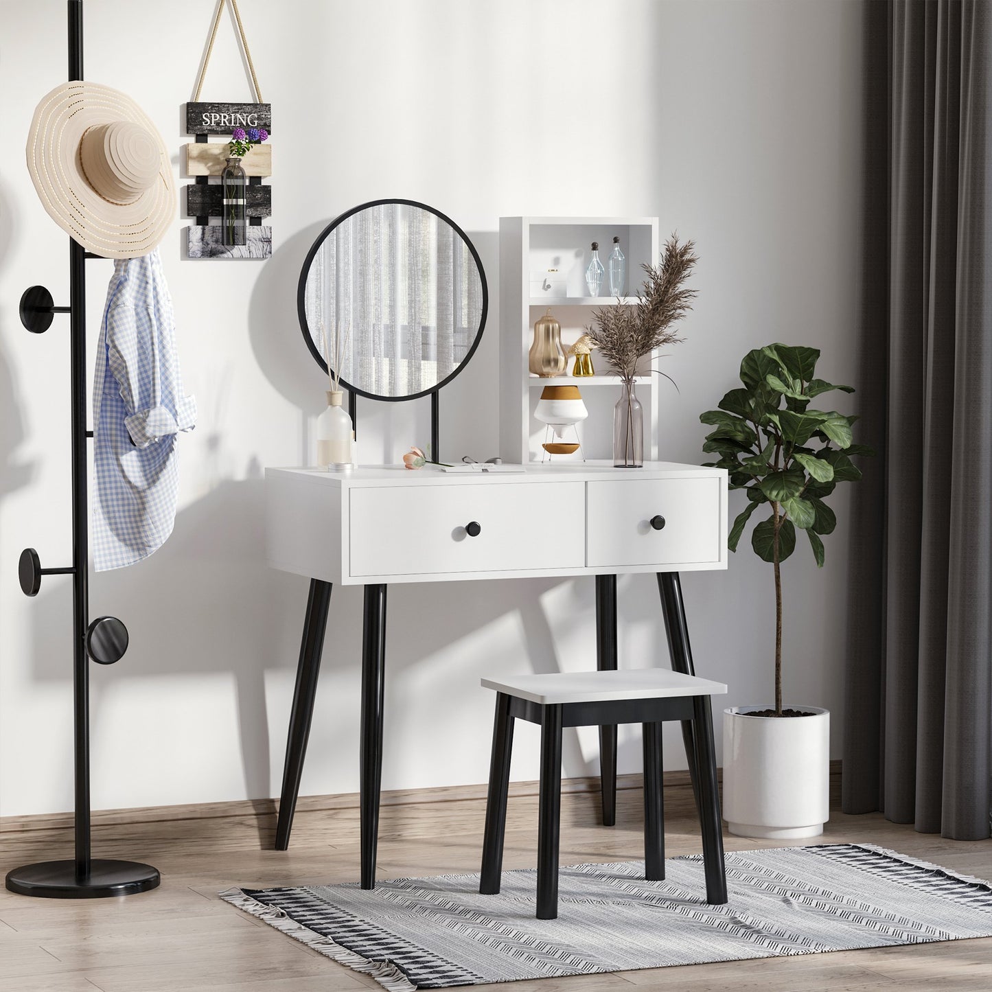 HOMCOM Vanity Set, Makeup Dressing Table Set with Stool, Wood Vanity Desk with Mirror, Storage Drawers and Shelf, White and Black | Aosom Canada