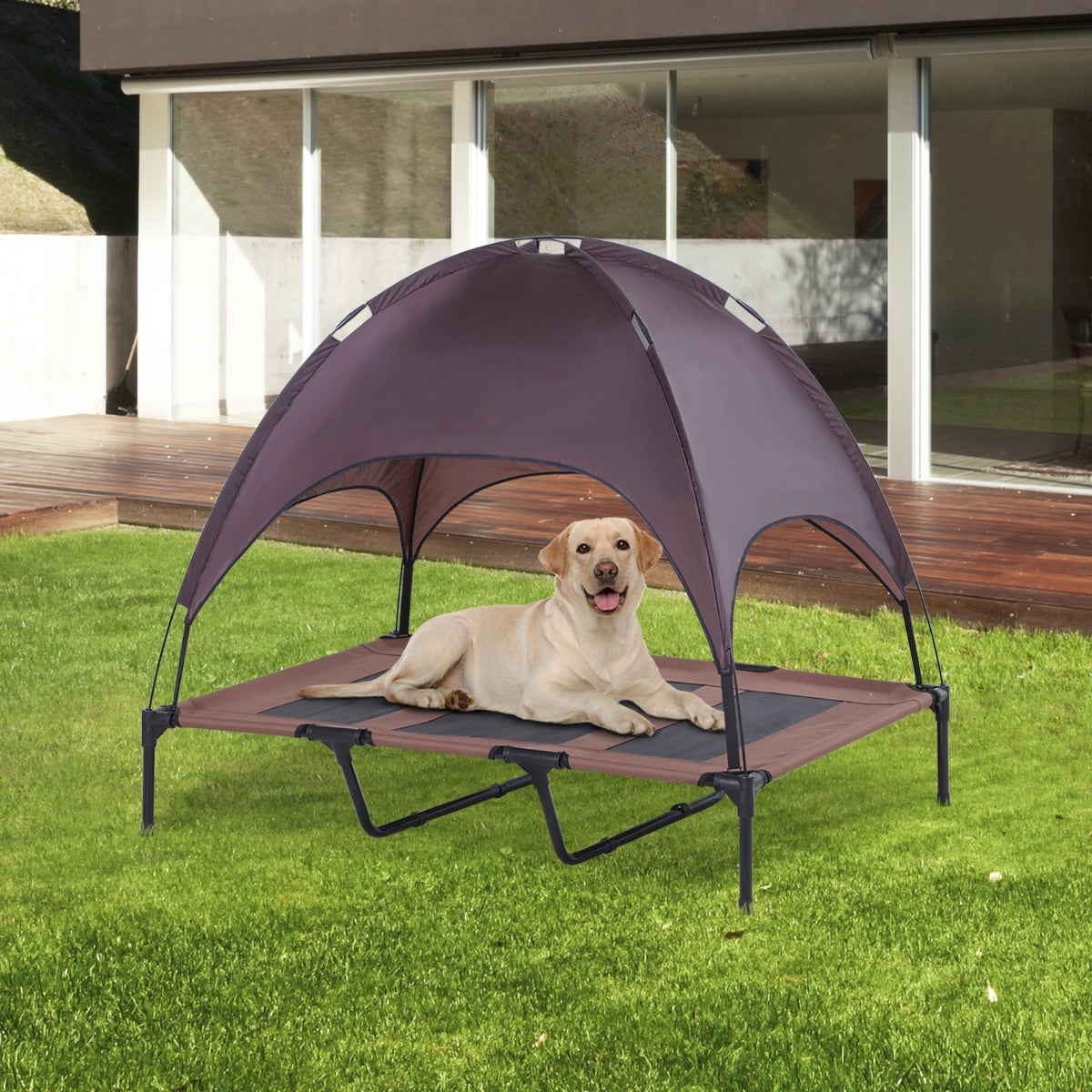 PawHut Elevated Pet Bed Dog Foldable Outdoor Cot Tent Canopy Shelter Instant Coffee | Aosom Canada