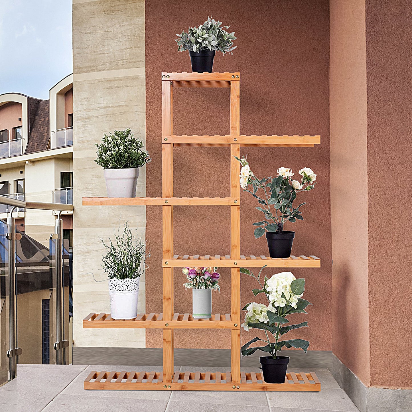 HOMCOM 6-Tiers bamboo shelf Display shelving unit Storage Rack Standing Shelf w/ Large Capacity Natural Color | Aosom Canada