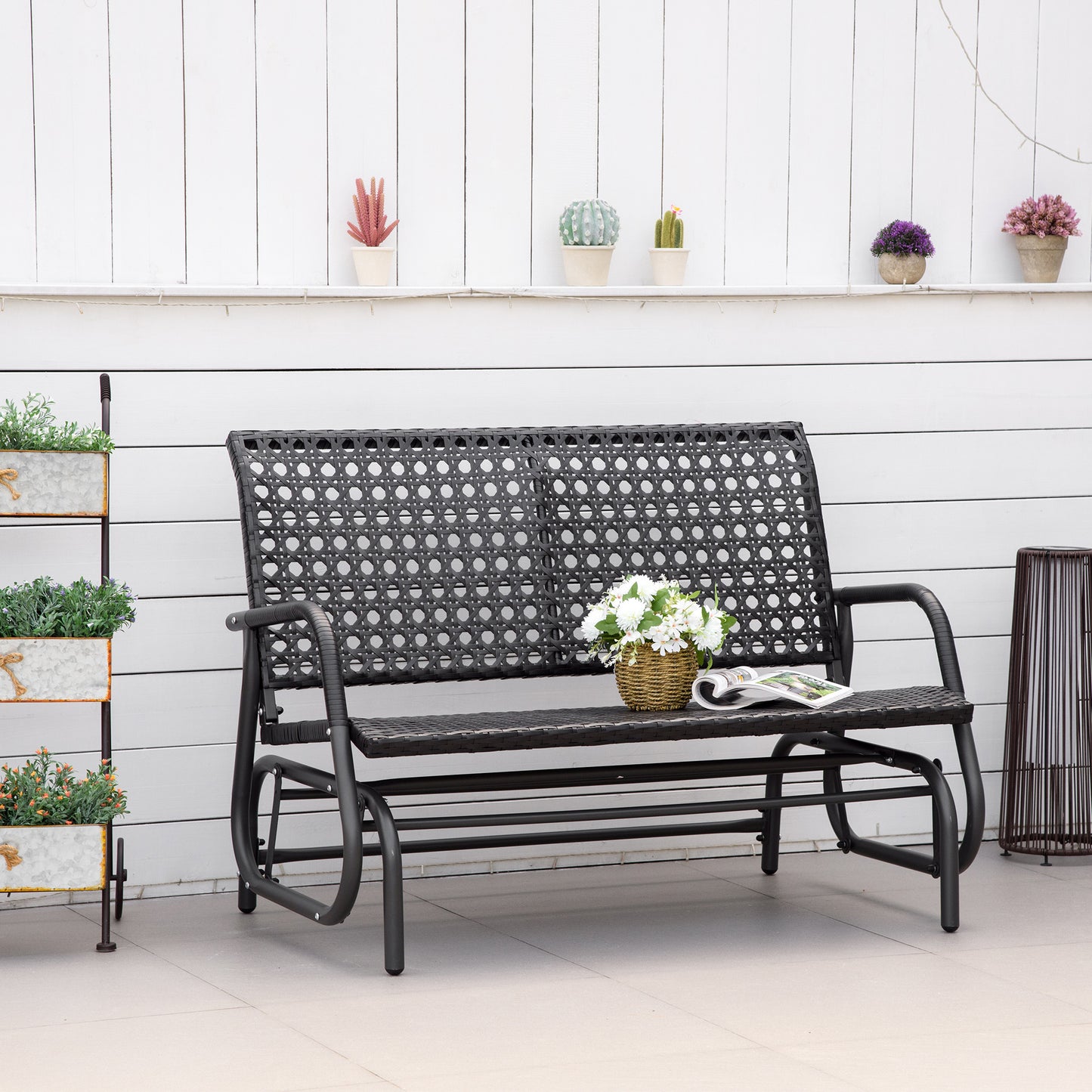 Outsunny 2-Person Outdoor PE Rattan Swing Glider Chair, Patio Garden Loveseat Rocking Bench, w/ Wide Seat & Curved Backrest, Black | Aosom Canada